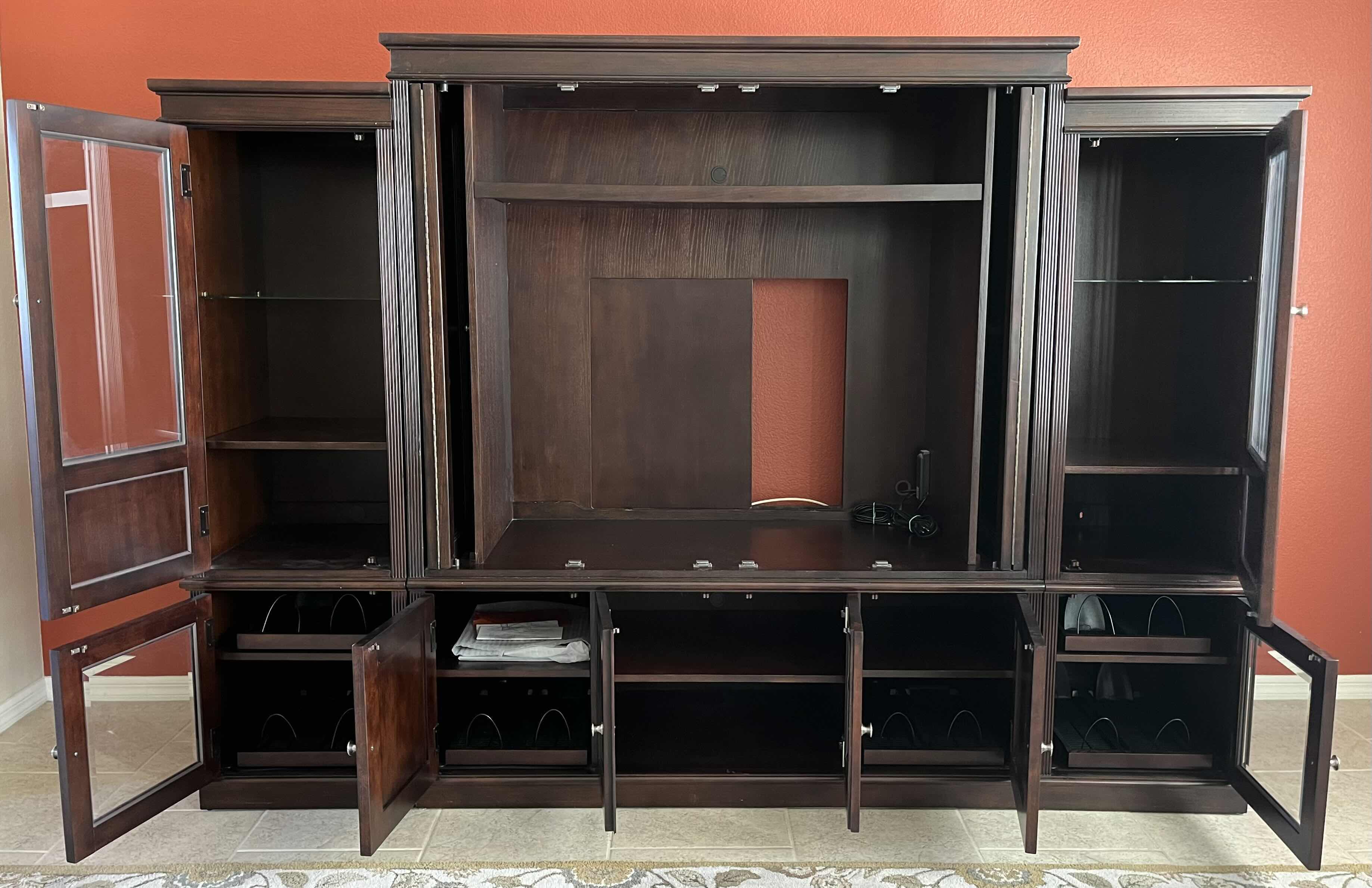 Photo 3 of LANE DARK BROWN SOLID WOOD ENTERTAINMENT CENTER 102” X  24.5” H72.5” MODEL 11896-15-16-23-26