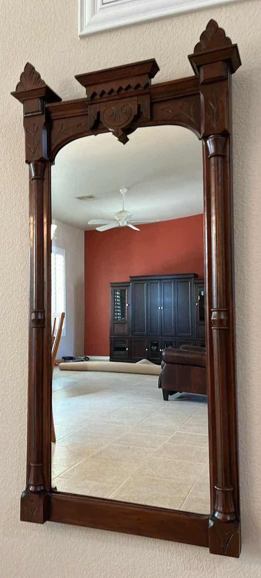 Photo 2 of ANTIQUE HAND CARVED WOOD FRAMED MIRROR 23” X 3.75” H50”