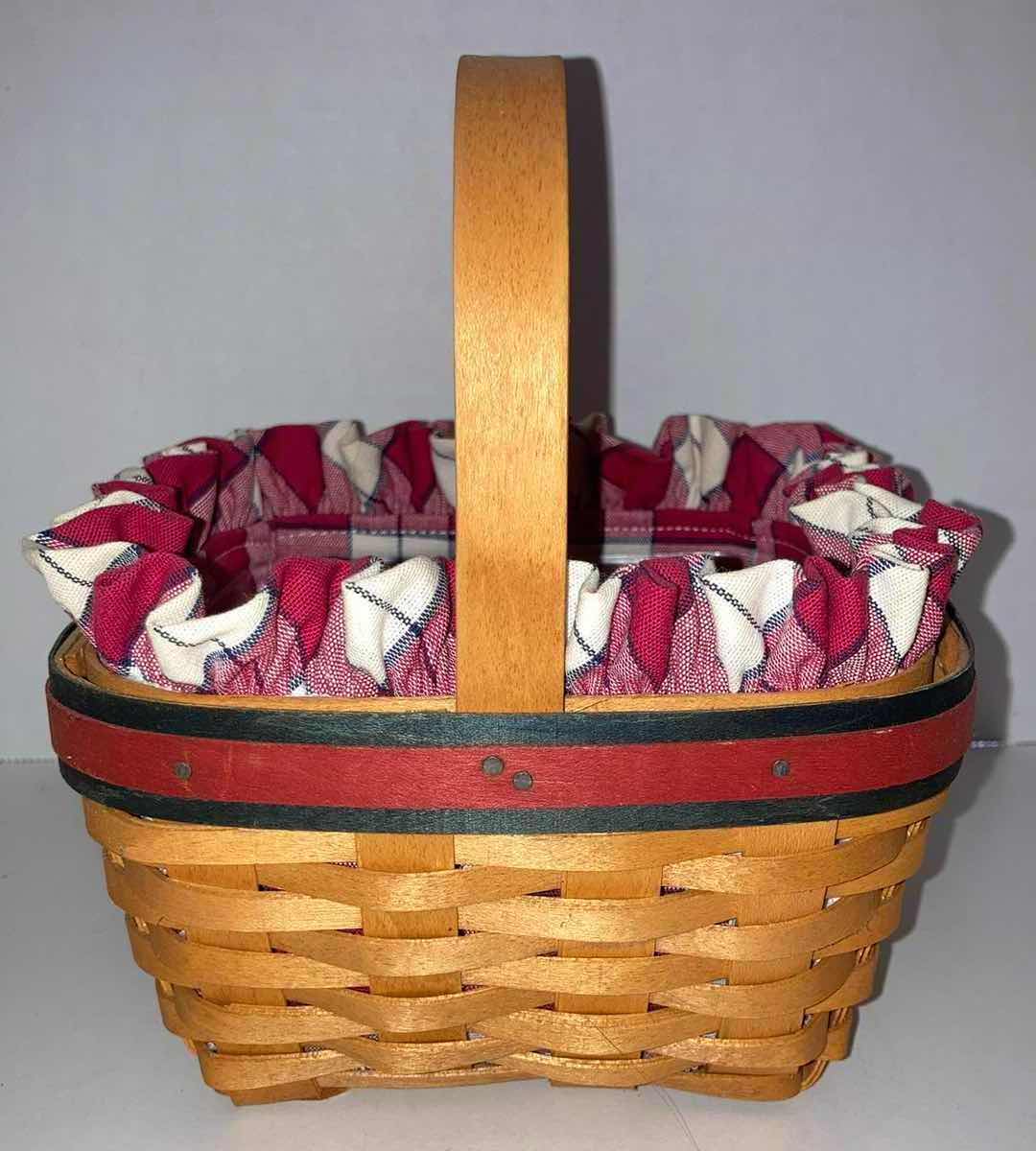 Photo 3 of LONGABERGER 2001 STRAWBERRY MAPLE EOOD BASKET W RED PLAID & BASKET PROTECTOR 6.5” X 6.5” H3.5”