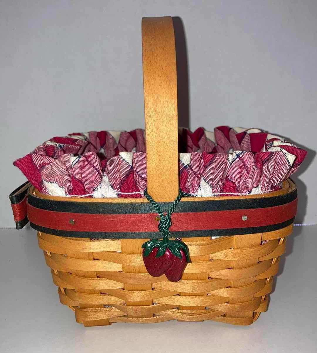 Photo 4 of LONGABERGER 2001 STRAWBERRY MAPLE EOOD BASKET W RED PLAID & BASKET PROTECTOR 6.5” X 6.5” H3.5”