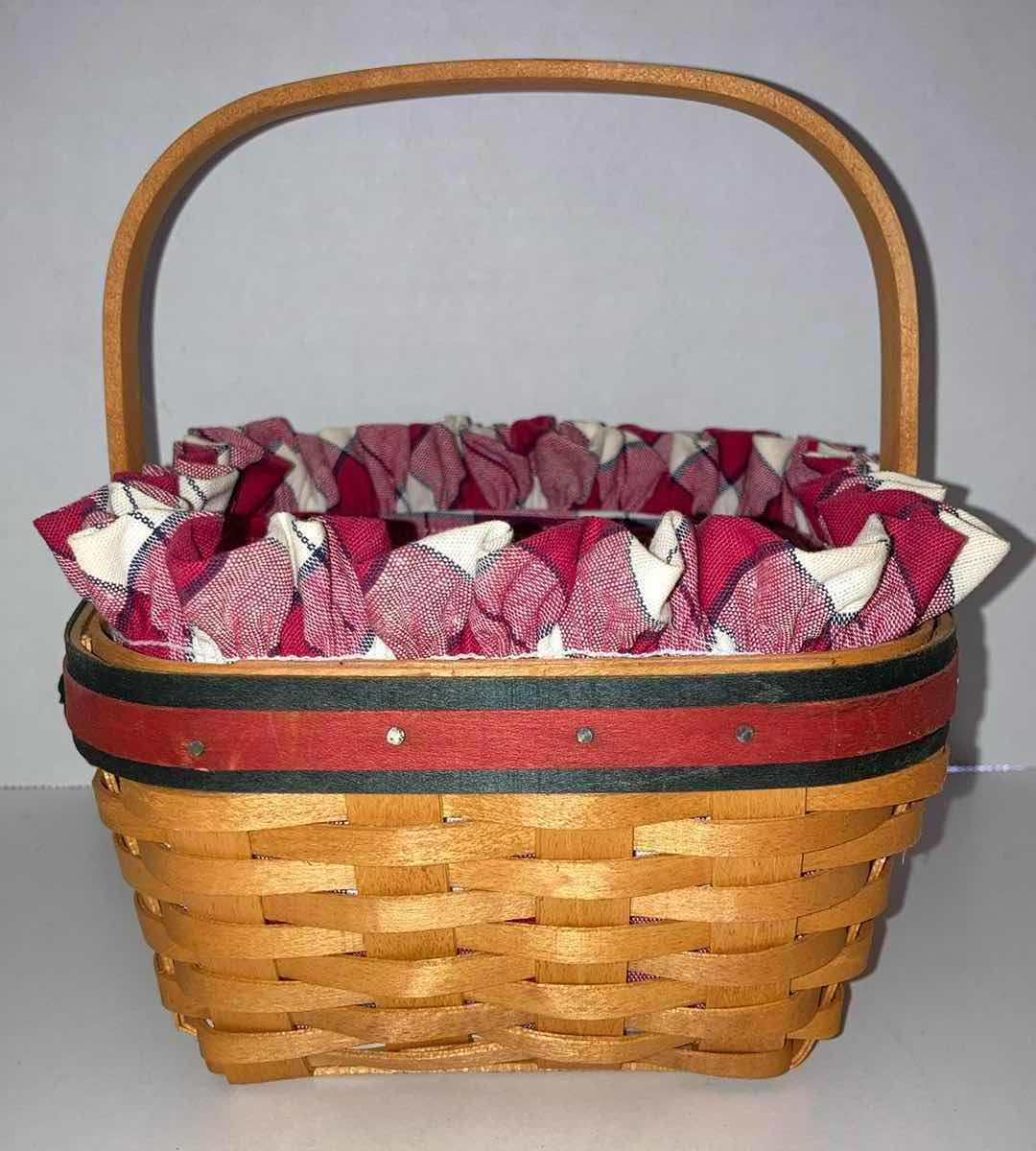 Photo 1 of LONGABERGER 2001 STRAWBERRY MAPLE EOOD BASKET W RED PLAID & BASKET PROTECTOR 6.5” X 6.5” H3.5”