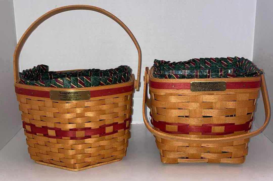 Photo 1 of LONGABERGER CHRISTMAS COLLECTION 1997 SNOWFLAKE & CRANBERRY MAPLE WOOD BASKETS W CHRISTMAS STRIPED FABRIC LINER & BASKET PROTECTOR (9” X 9” H6.5” & 8.25” X 8.25” H7”)