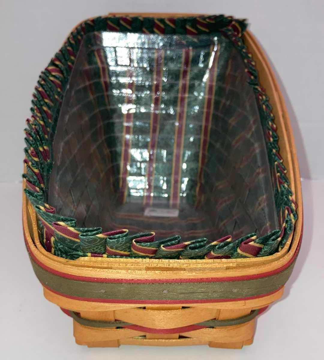 Photo 4 of LONGABERGER 1997 HOLIDAY SLEIGH MAPLE WOOD BASKET W CHRISTMAS STRIPED FABRIC LINER & BASKET PROTECTOR 13” X 7” H8”