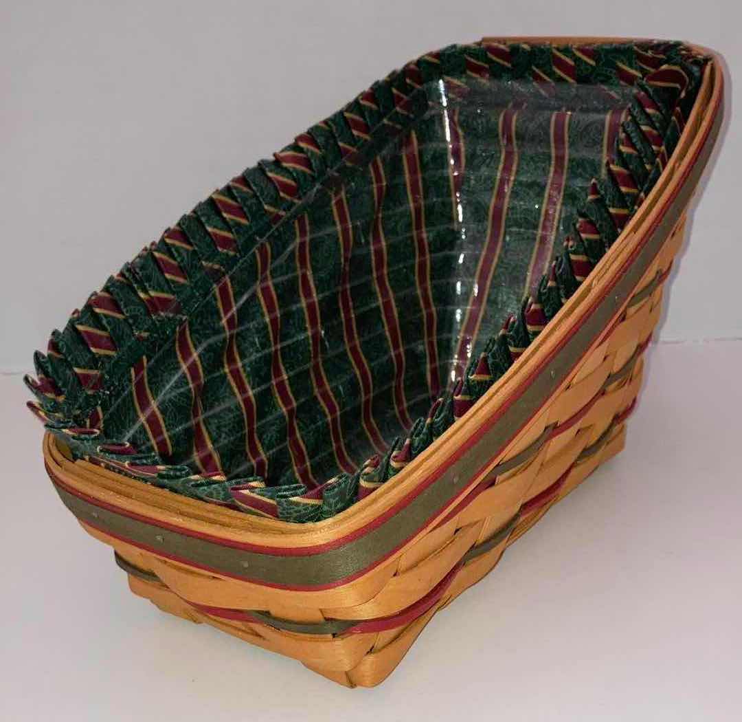 Photo 1 of LONGABERGER 1997 HOLIDAY SLEIGH MAPLE WOOD BASKET W CHRISTMAS STRIPED FABRIC LINER & BASKET PROTECTOR 13” X 7” H8”