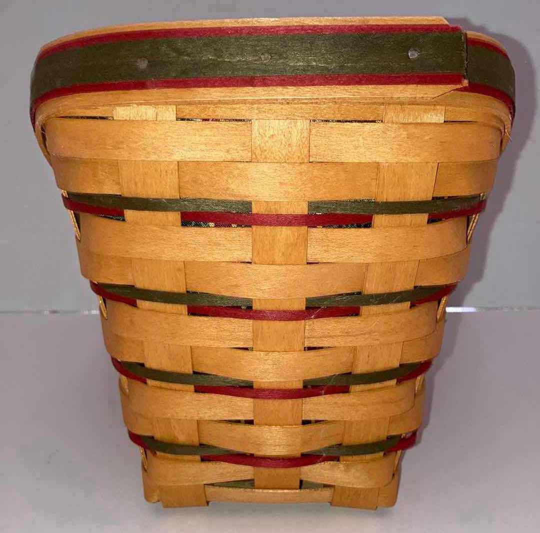 Photo 3 of LONGABERGER 1997 HOLIDAY SLEIGH MAPLE WOOD BASKET W CHRISTMAS STRIPED FABRIC LINER & BASKET PROTECTOR 13” X 7” H8”