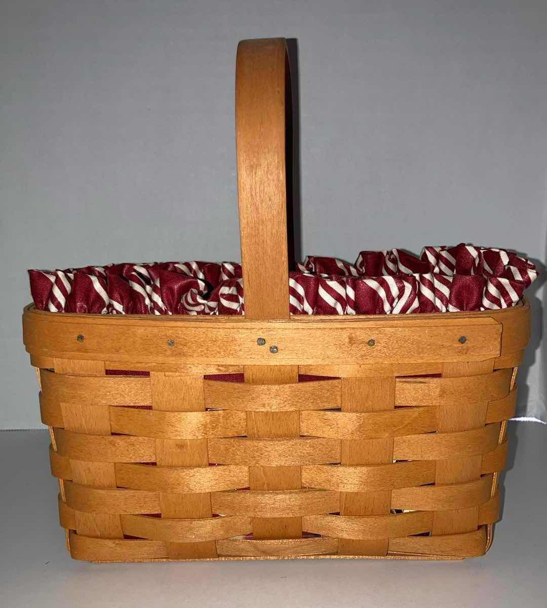 Photo 7 of LONGABERGER 1999 CHRISTMAS COLLECTION POPCORN & 1999 RECTANGLE MAPLE WOOD BASKETS W CANDY CANE FABRIC LINER & BASKET PROTECTOR (10.5” X 10.5” H4.75” & 9.25” X 5” H5”)