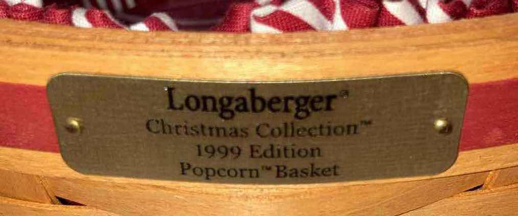 Photo 6 of LONGABERGER 1999 CHRISTMAS COLLECTION POPCORN & 1999 RECTANGLE MAPLE WOOD BASKETS W CANDY CANE FABRIC LINER & BASKET PROTECTOR (10.5” X 10.5” H4.75” & 9.25” X 5” H5”)