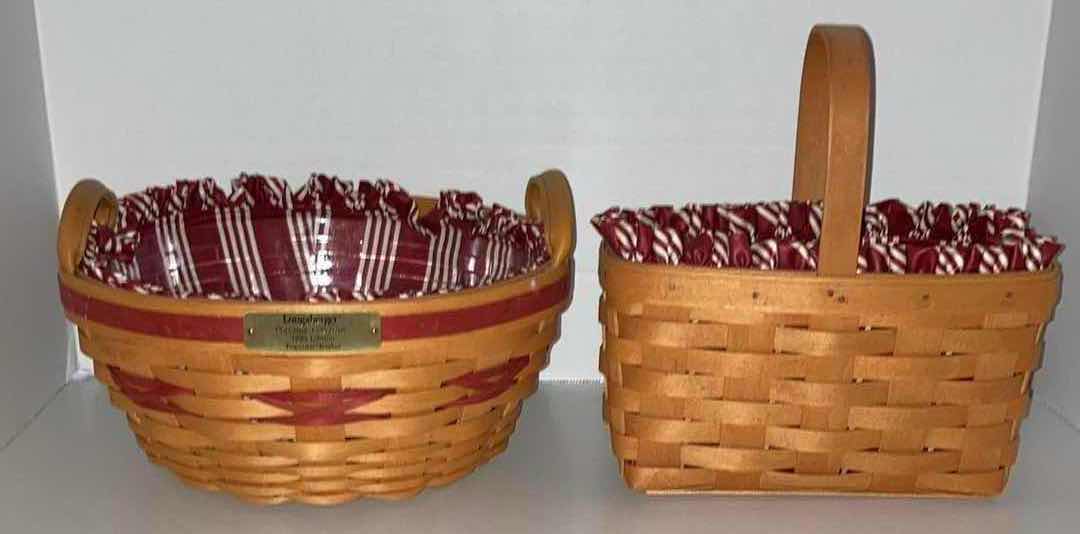 Photo 1 of LONGABERGER 1999 CHRISTMAS COLLECTION POPCORN & 1999 RECTANGLE MAPLE WOOD BASKETS W CANDY CANE FABRIC LINER & BASKET PROTECTOR (10.5” X 10.5” H4.75” & 9.25” X 5” H5”)