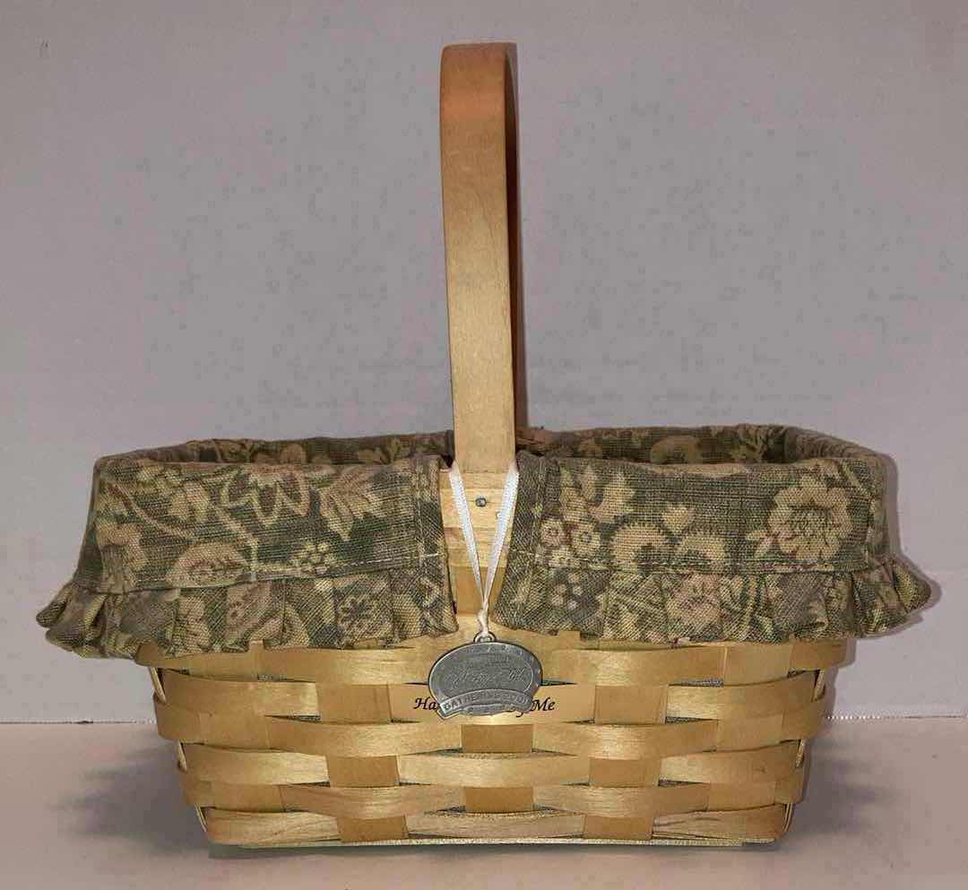 Photo 1 of LONGABERGER 2001 COLLECTORS CLUB GATHERING MAPLE WOOD BASKET W GREEN FLORAL FABRIC LINER & BASKET PROTECTOR 10.75” X 7.5” H5.5”