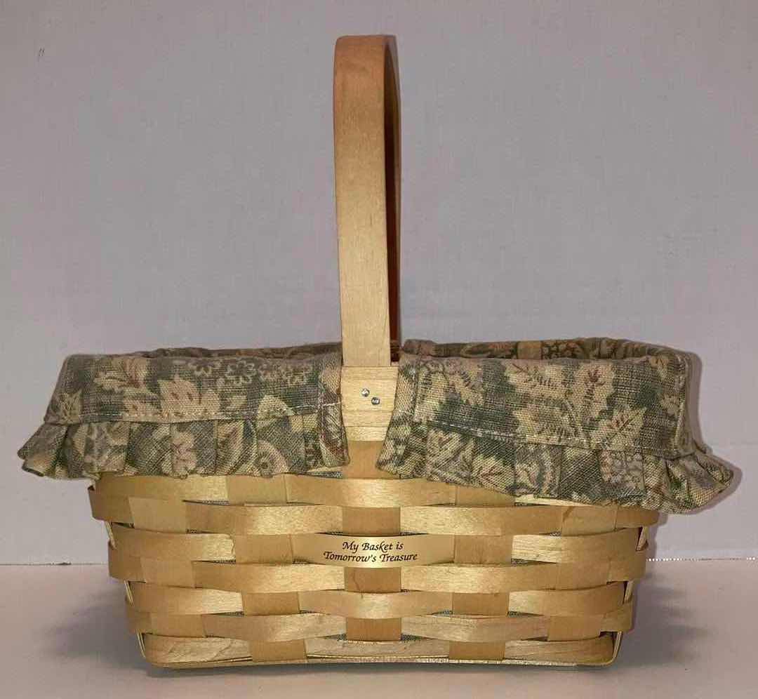 Photo 4 of LONGABERGER 2001 COLLECTORS CLUB GATHERING MAPLE WOOD BASKET W GREEN FLORAL FABRIC LINER & BASKET PROTECTOR 10.75” X 7.5” H5.5”