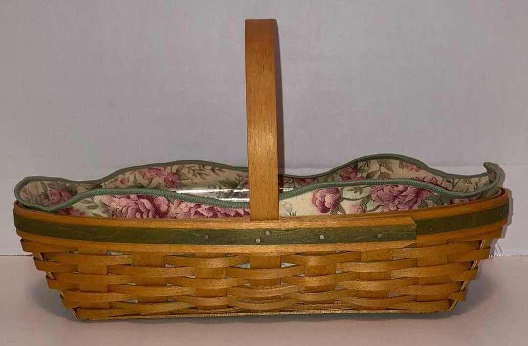 Photo 5 of LONGABERGER 2001 PEONY MAY SERIES MAPLE WOOD BASKET W PEONY FABRIC LINER & BASKET PROTECTOR 12.5” X 6” H2.75”