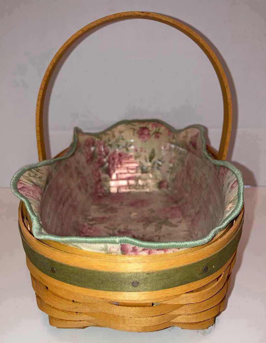 Photo 3 of LONGABERGER 2001 PEONY MAY SERIES MAPLE WOOD BASKET W PEONY FABRIC LINER & BASKET PROTECTOR 12.5” X 6” H2.75”