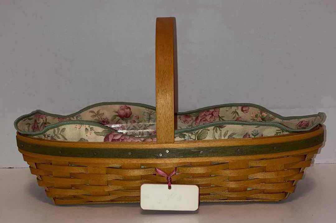 Photo 1 of LONGABERGER 2001 PEONY MAY SERIES MAPLE WOOD BASKET W PEONY FABRIC LINER & BASKET PROTECTOR 12.5” X 6” H2.75”