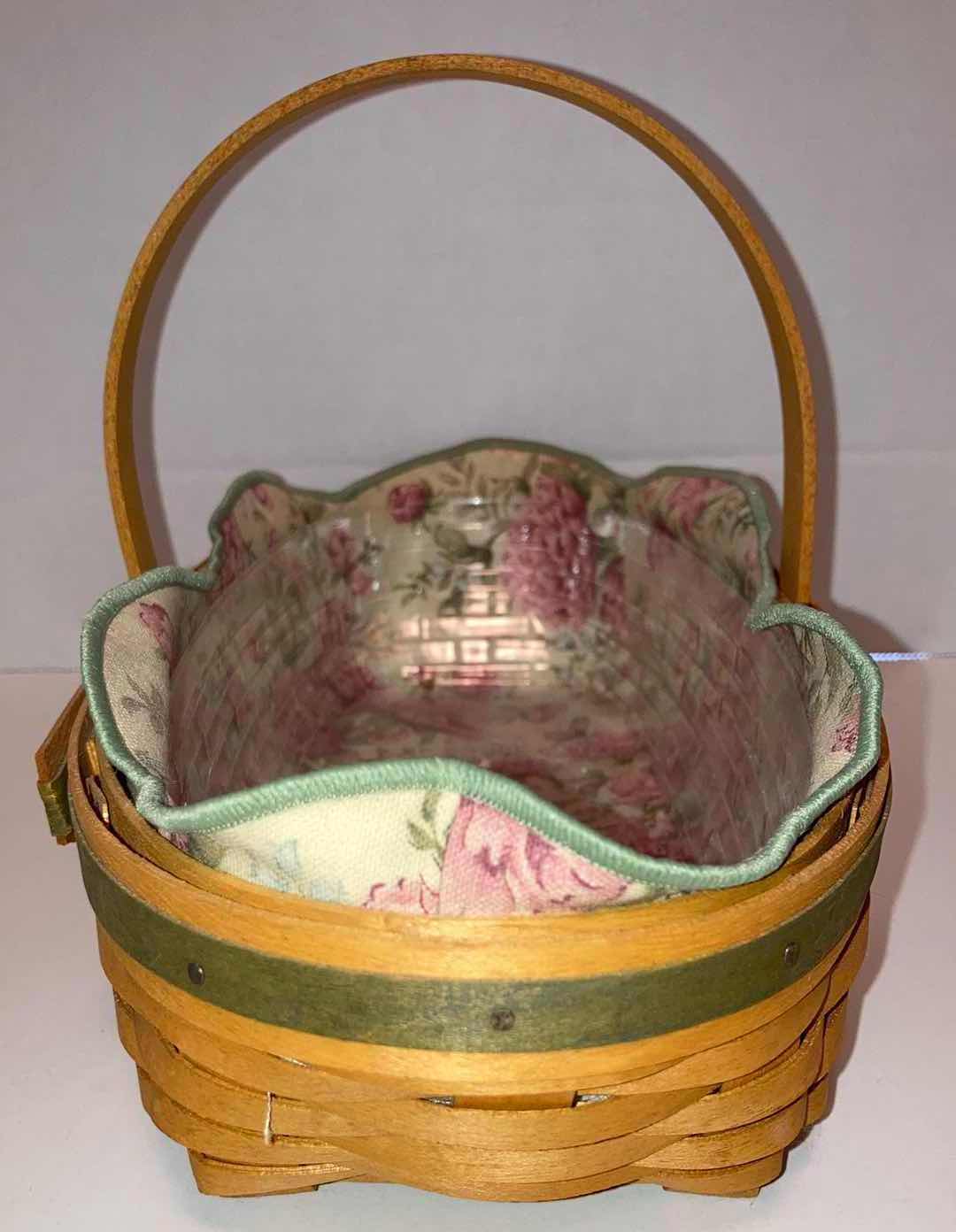 Photo 4 of LONGABERGER 2001 PEONY MAY SERIES MAPLE WOOD BASKET W PEONY FABRIC LINER & BASKET PROTECTOR 12.5” X 6” H2.75”