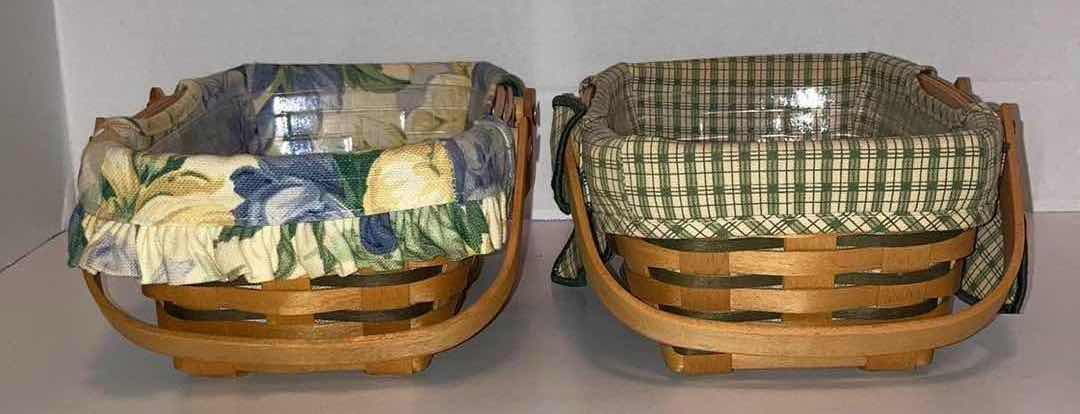 Photo 3 of LONGABERGER WOVEN MEMORIES 1999 W YELLOW/BLUE FLOWER FABRIC LINER & 2001 W GREEN PLAID FABRIC LINER MAPLE WOOD BASKETS W BASKET PROTECTOR 10” X 6.5” H4”