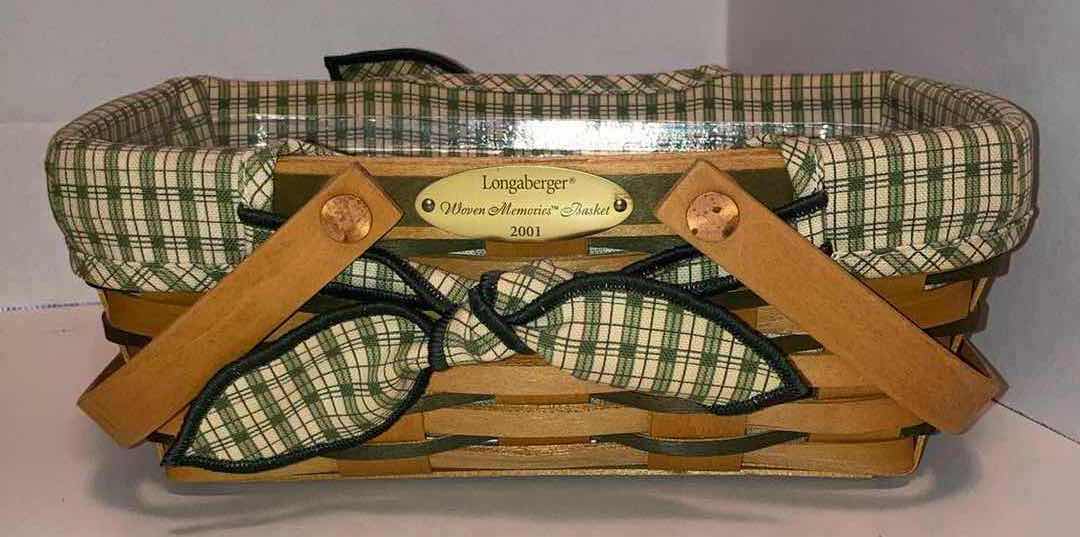 Photo 7 of LONGABERGER WOVEN MEMORIES 1999 W YELLOW/BLUE FLOWER FABRIC LINER & 2001 W GREEN PLAID FABRIC LINER MAPLE WOOD BASKETS W BASKET PROTECTOR 10” X 6.5” H4”