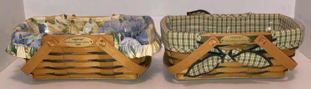 Photo 1 of LONGABERGER WOVEN MEMORIES 1999 W YELLOW/BLUE FLOWER FABRIC LINER & 2001 W GREEN PLAID FABRIC LINER MAPLE WOOD BASKETS W BASKET PROTECTOR 10” X 6.5” H4”