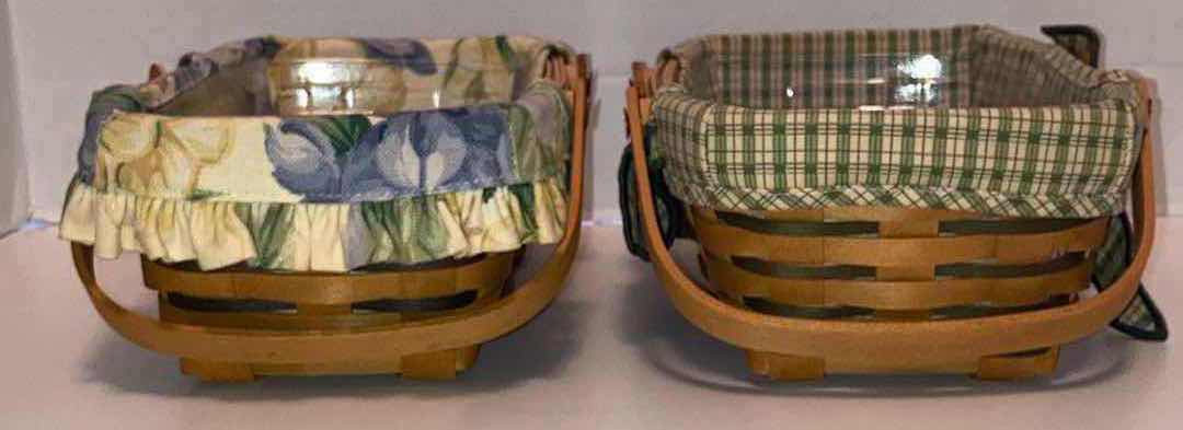 Photo 2 of LONGABERGER WOVEN MEMORIES 1999 W YELLOW/BLUE FLOWER FABRIC LINER & 2001 W GREEN PLAID FABRIC LINER MAPLE WOOD BASKETS W BASKET PROTECTOR 10” X 6.5” H4”