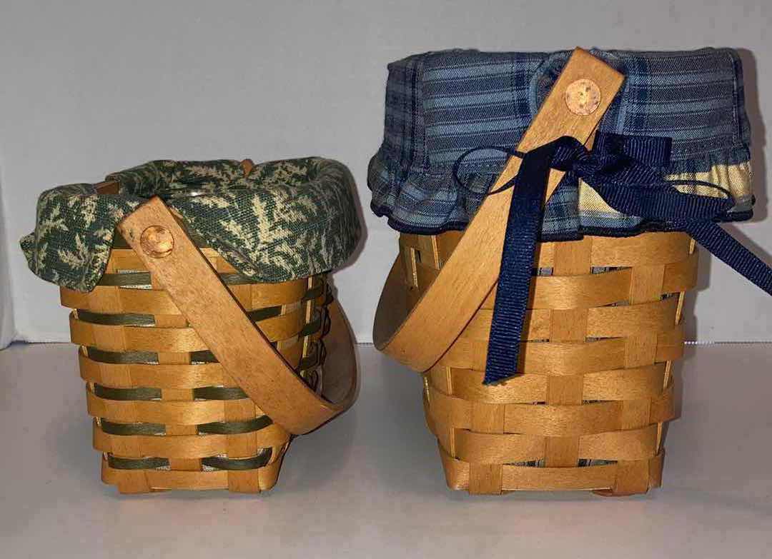 Photo 2 of LONGABERGER DRESDEN 2001 W GREEN FABRIC LINER & 1998 W BLUE PLAID FABRIC LINER MAPLE WOOD BASKETS W BASKET PROTECTOR (7.50” X 4.25” H4.75” & 9” X 5” H6.75”)