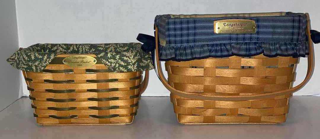 Photo 1 of LONGABERGER DRESDEN 2001 W GREEN FABRIC LINER & 1998 W BLUE PLAID FABRIC LINER MAPLE WOOD BASKETS W BASKET PROTECTOR (7.50” X 4.25” H4.75” & 9” X 5” H6.75”)