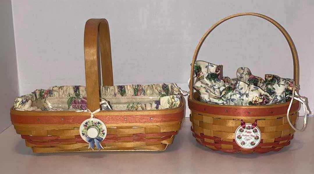 Photo 1 of LONGABERGER MOTHER’S DAY 2000 EARLY BLOSSOMS & 1998 MAPLE WOOD BASKETS W BLOSSOMS FABRIC LINER & BASKET PROTECTOR (10.75” X 7.5” H3” & 6.75” X 6.75” H3.25”)