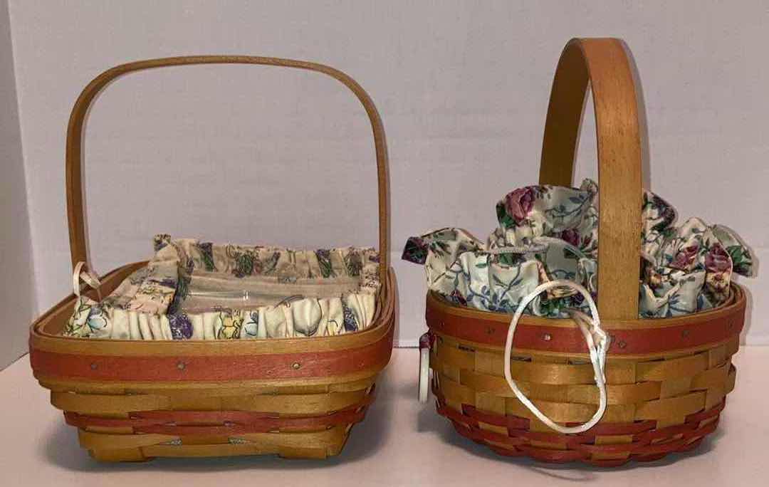 Photo 2 of LONGABERGER MOTHER’S DAY 2000 EARLY BLOSSOMS & 1998 MAPLE WOOD BASKETS W BLOSSOMS FABRIC LINER & BASKET PROTECTOR (10.75” X 7.5” H3” & 6.75” X 6.75” H3.25”)