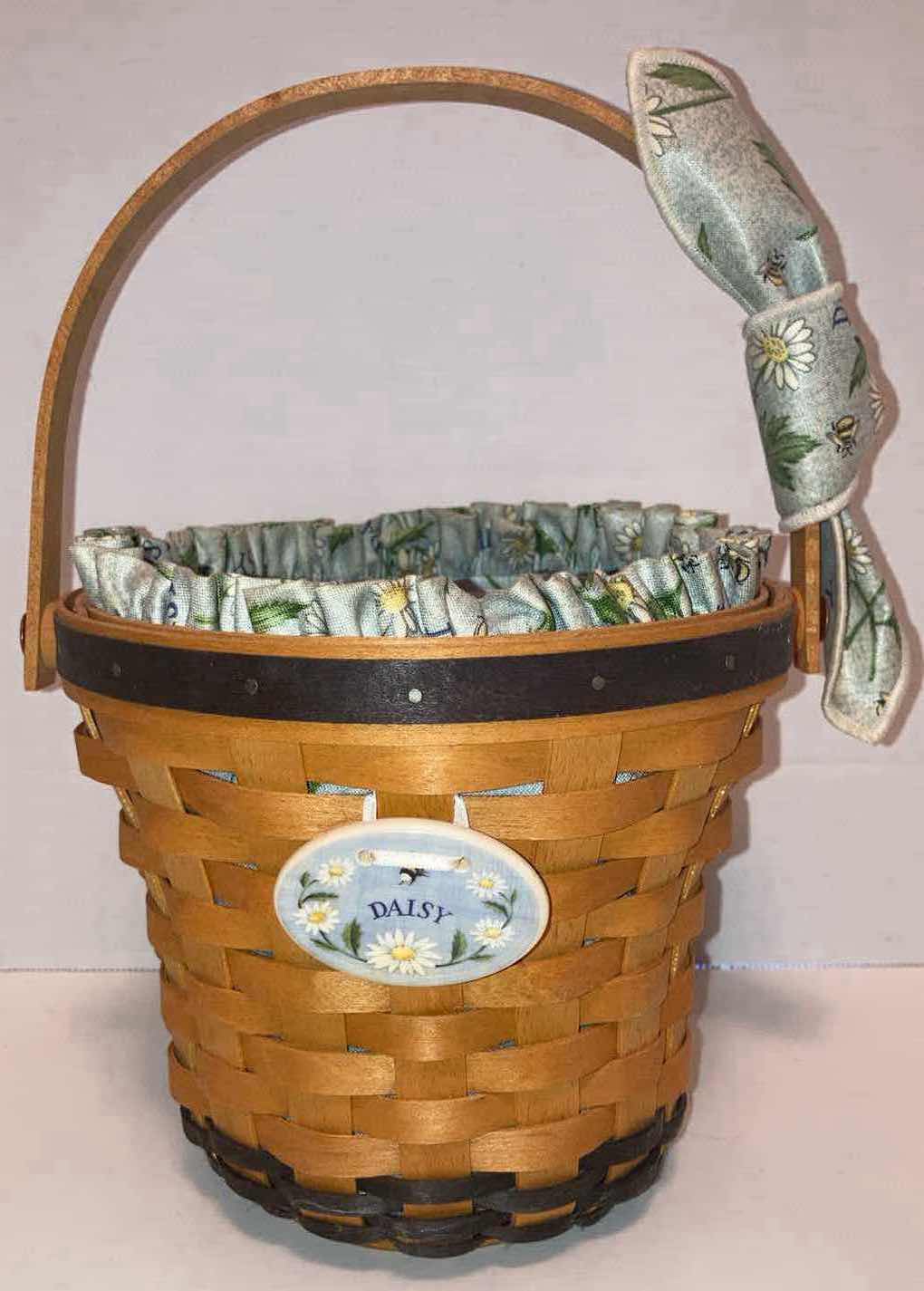 Photo 1 of LONGABERGER DAISY MAPLE WOOD BASKET W DAISY FABRIC LINER & BASKET PROTECTOR 7” X 7” H6”