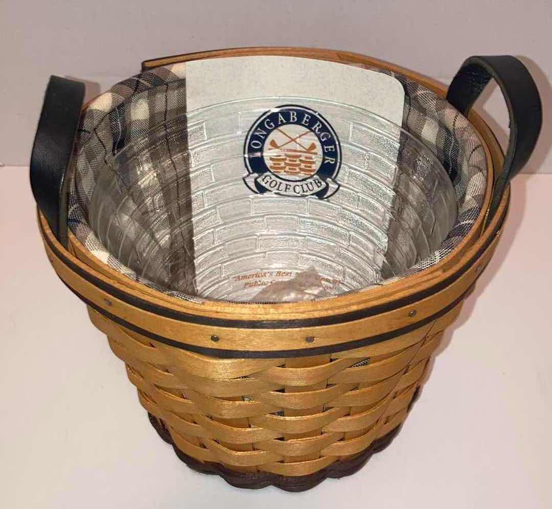 Photo 2 of LONGABERGER 2001 GOLF CLUB MAPLE WOOD BASKET W PLAID FABRIC LINER & BASKET PROTECTOR 6.75” X 6.75” H6”