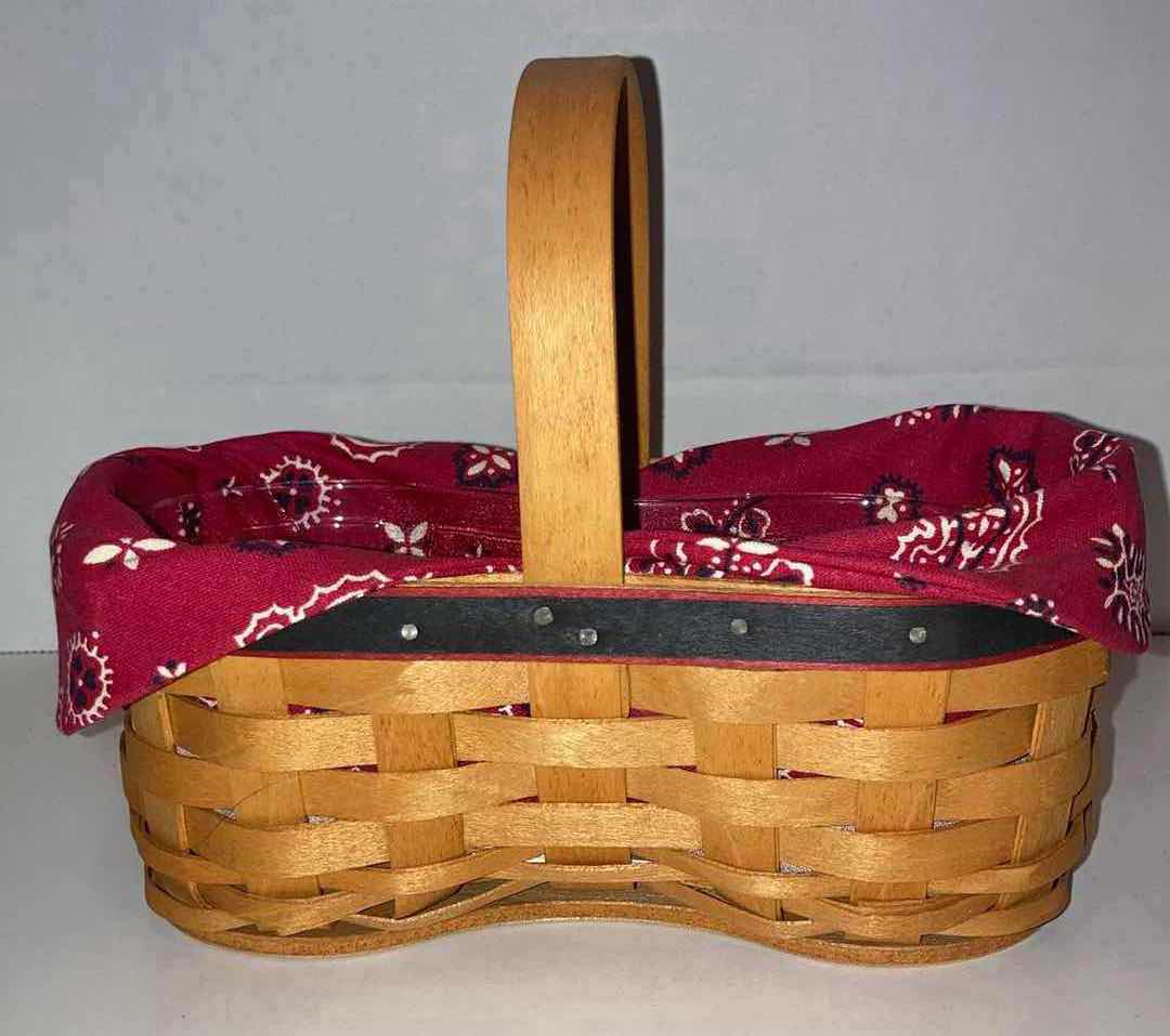 Photo 4 of LONGABERGER SHAKER MAPLE WOOD BASKET W RED PAISLEY FABRIC LINER & BASKET PROTECTOR 7.5” X 4” H2.75”