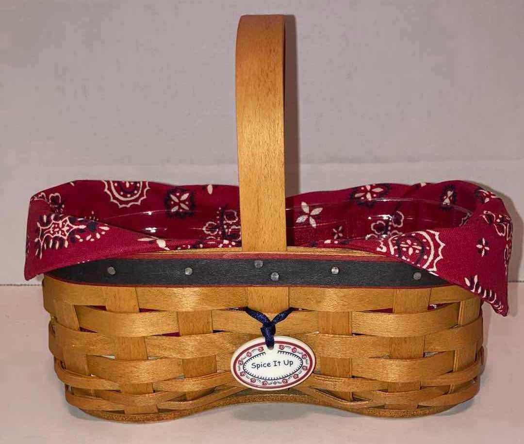 Photo 1 of LONGABERGER SHAKER MAPLE WOOD BASKET W RED PAISLEY FABRIC LINER & BASKET PROTECTOR 7.5” X 4” H2.75”