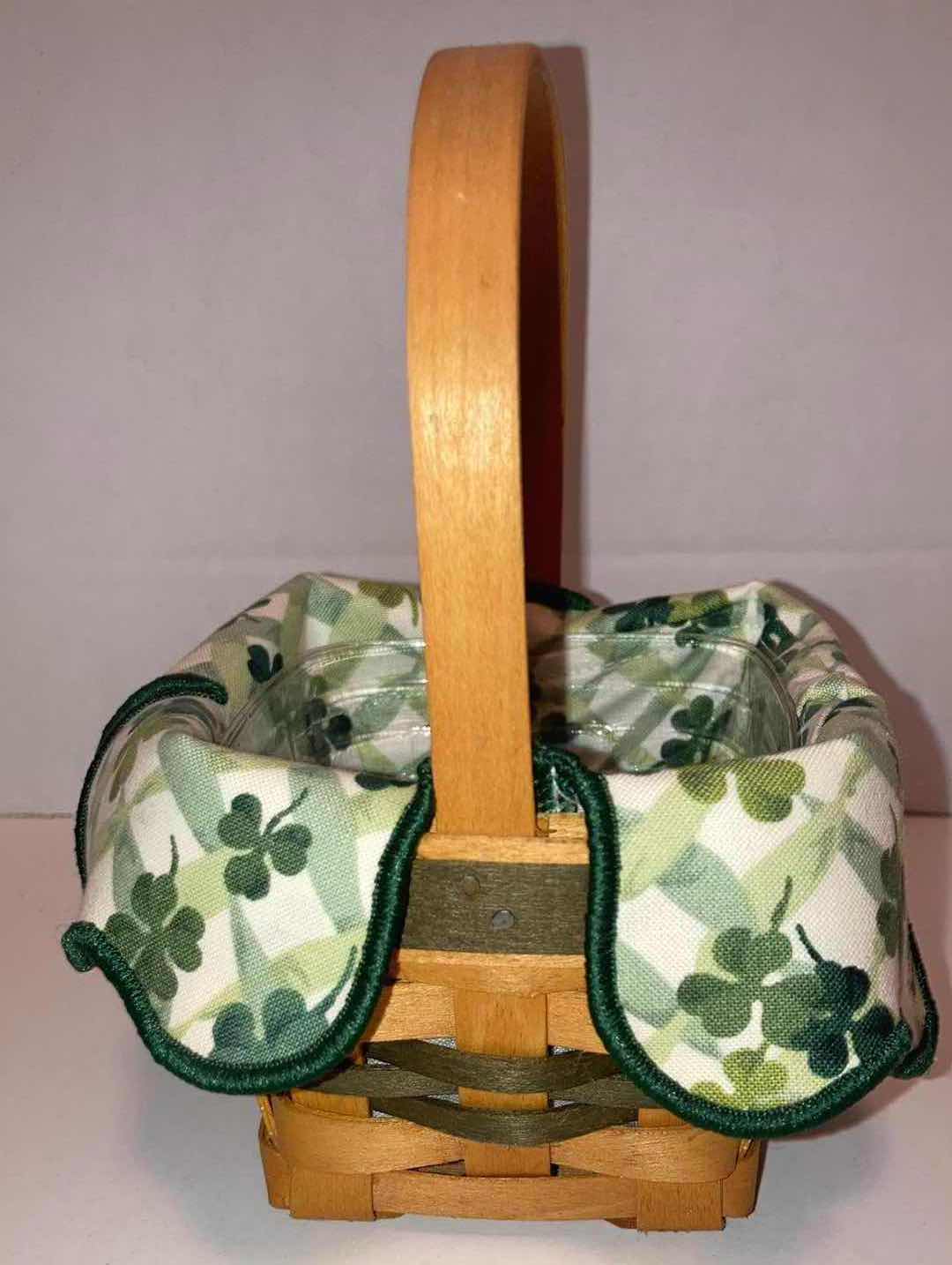 Photo 3 of LONGABERGER ST. PATRICK’S DAY LOTS OF LUCK MAPLE WOOD BASKET W CLOVER FABRIC LINER & BASKET PROTECTOR 4.5” X 4.5” H3.25”