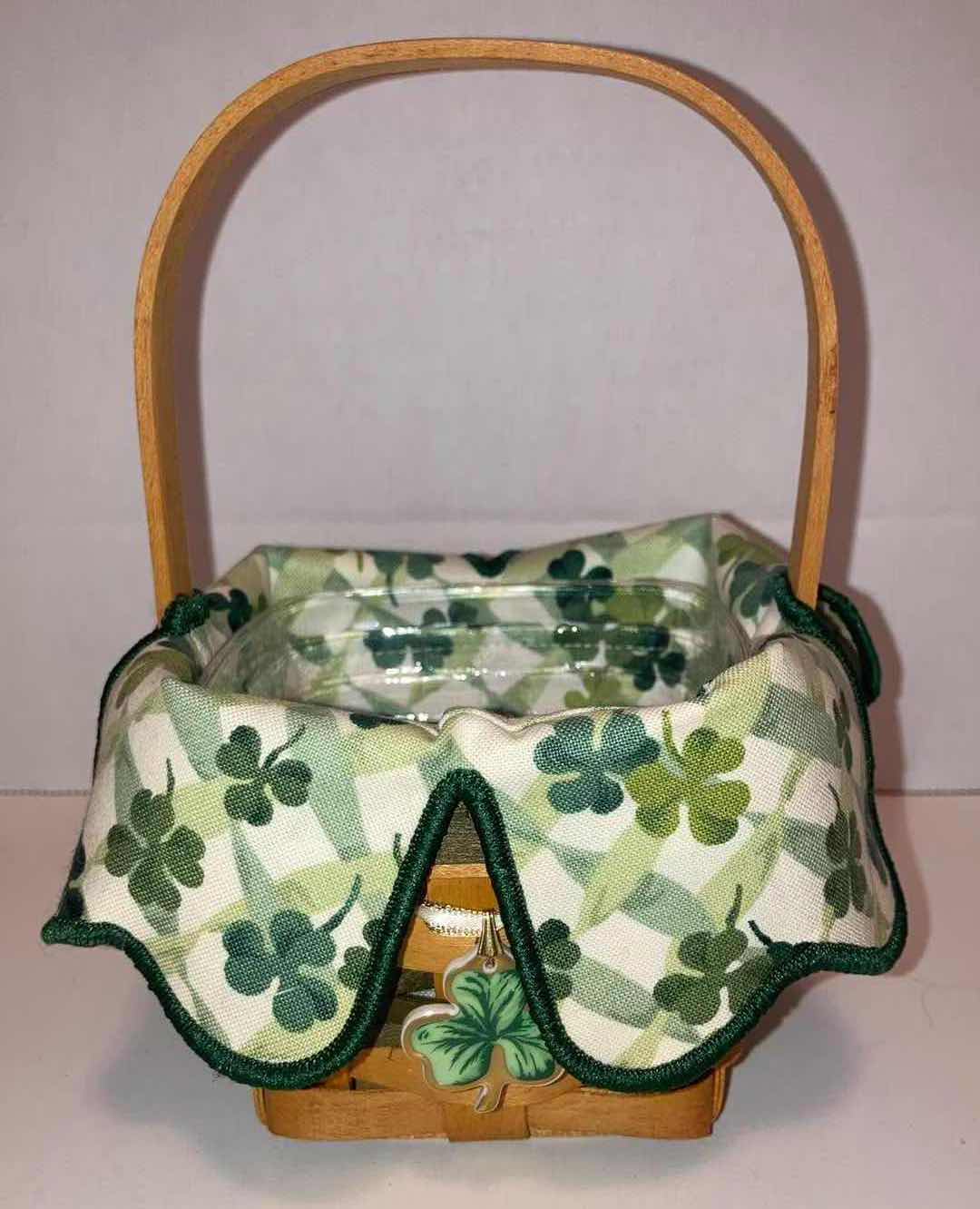 Photo 1 of LONGABERGER ST. PATRICK’S DAY LOTS OF LUCK MAPLE WOOD BASKET W CLOVER FABRIC LINER & BASKET PROTECTOR 4.5” X 4.5” H3.25”