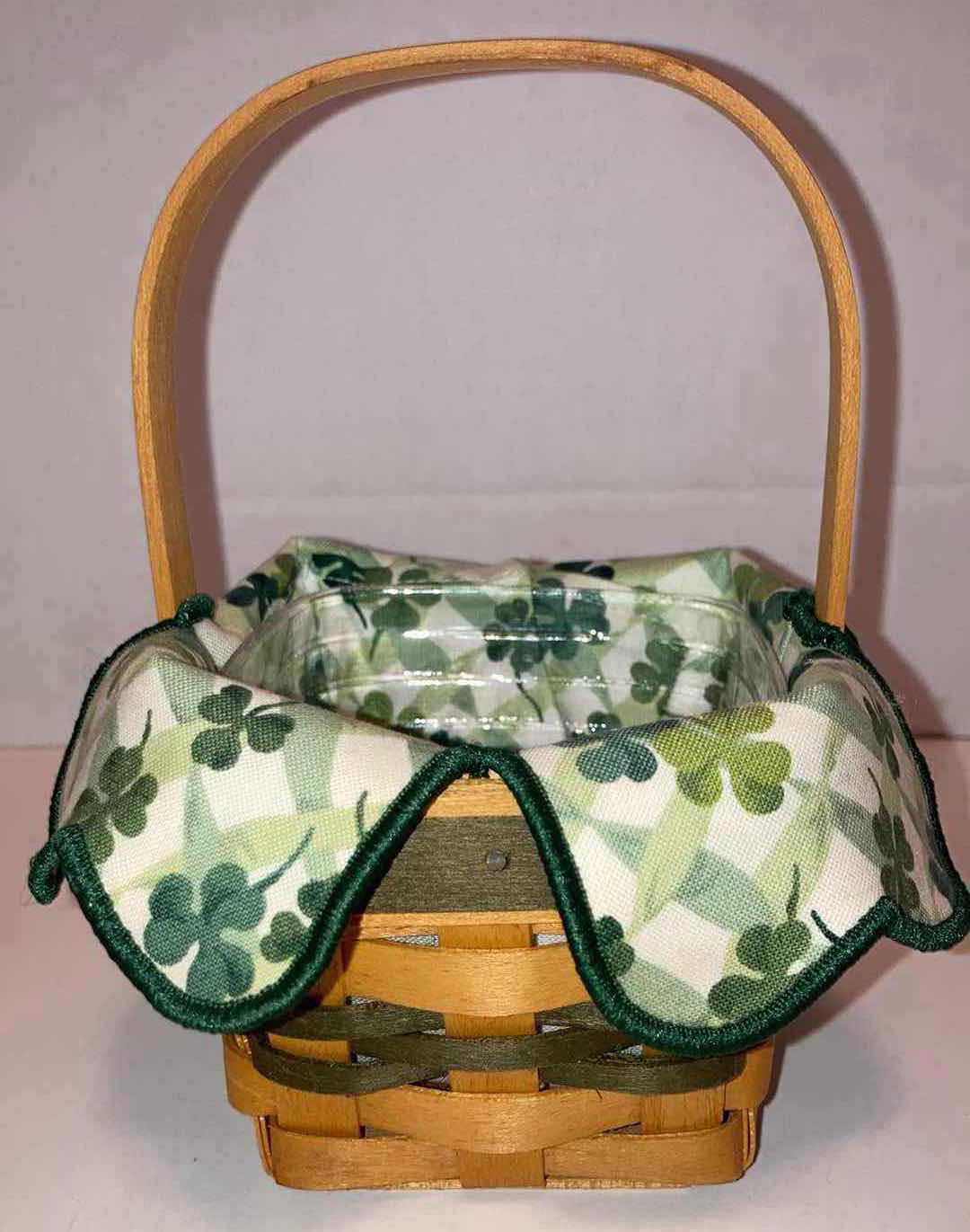 Photo 4 of LONGABERGER ST. PATRICK’S DAY LOTS OF LUCK MAPLE WOOD BASKET W CLOVER FABRIC LINER & BASKET PROTECTOR 4.5” X 4.5” H3.25”