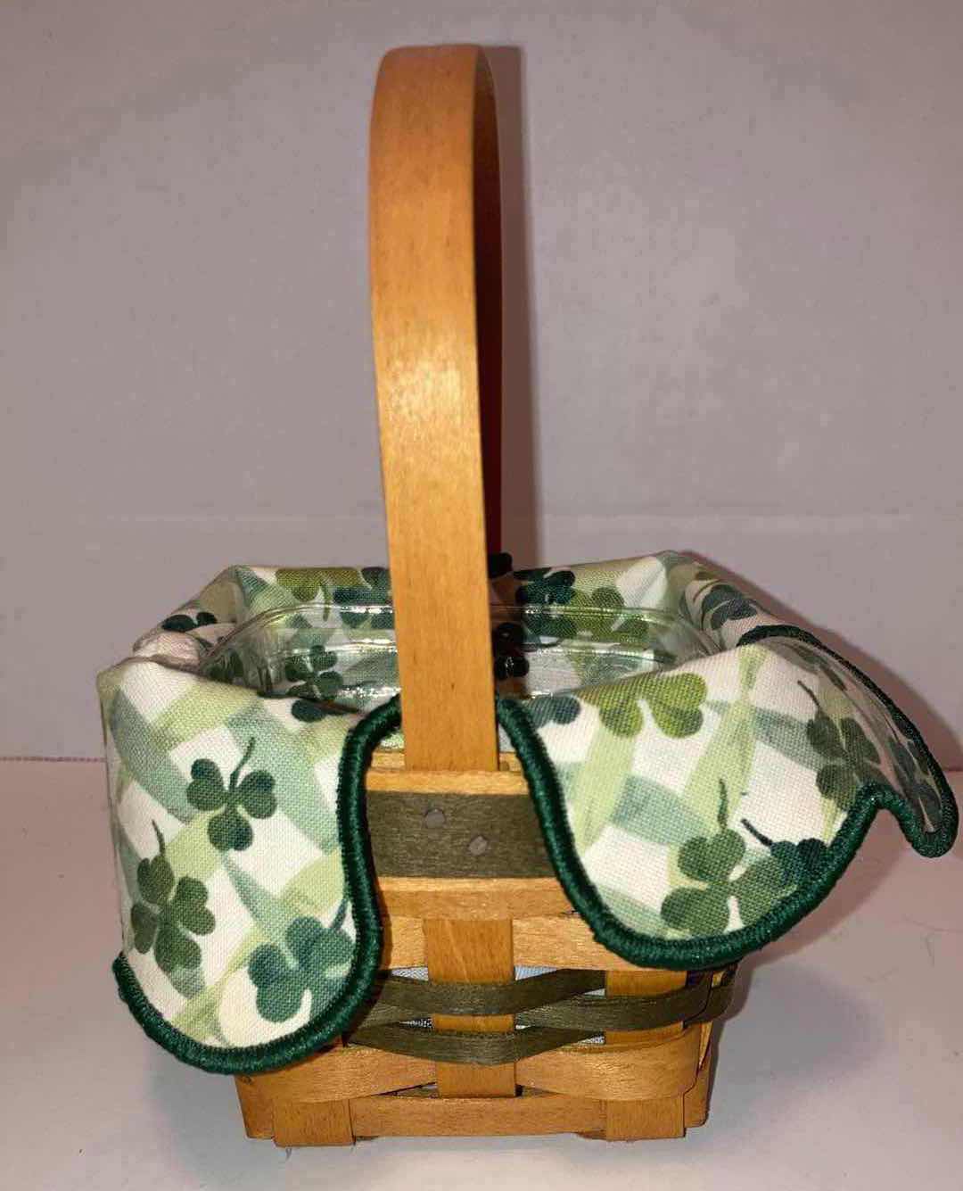 Photo 2 of LONGABERGER ST. PATRICK’S DAY LOTS OF LUCK MAPLE WOOD BASKET W CLOVER FABRIC LINER & BASKET PROTECTOR 4.5” X 4.5” H3.25”