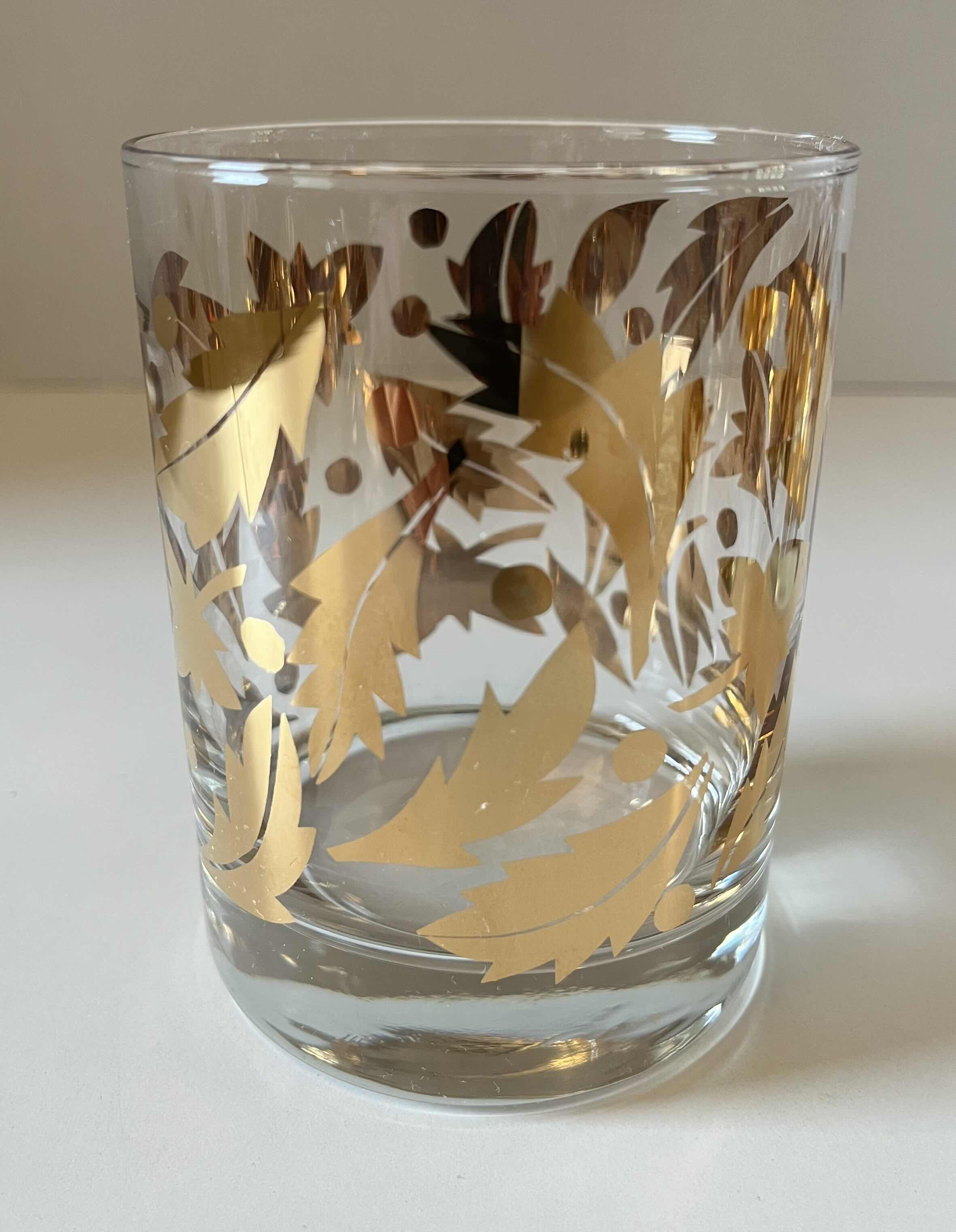 Photo 2 of MCM STYLE GOLD LEAVES MOTIFF WHISKEY LOW BALL GLASSES (4) 4.25”