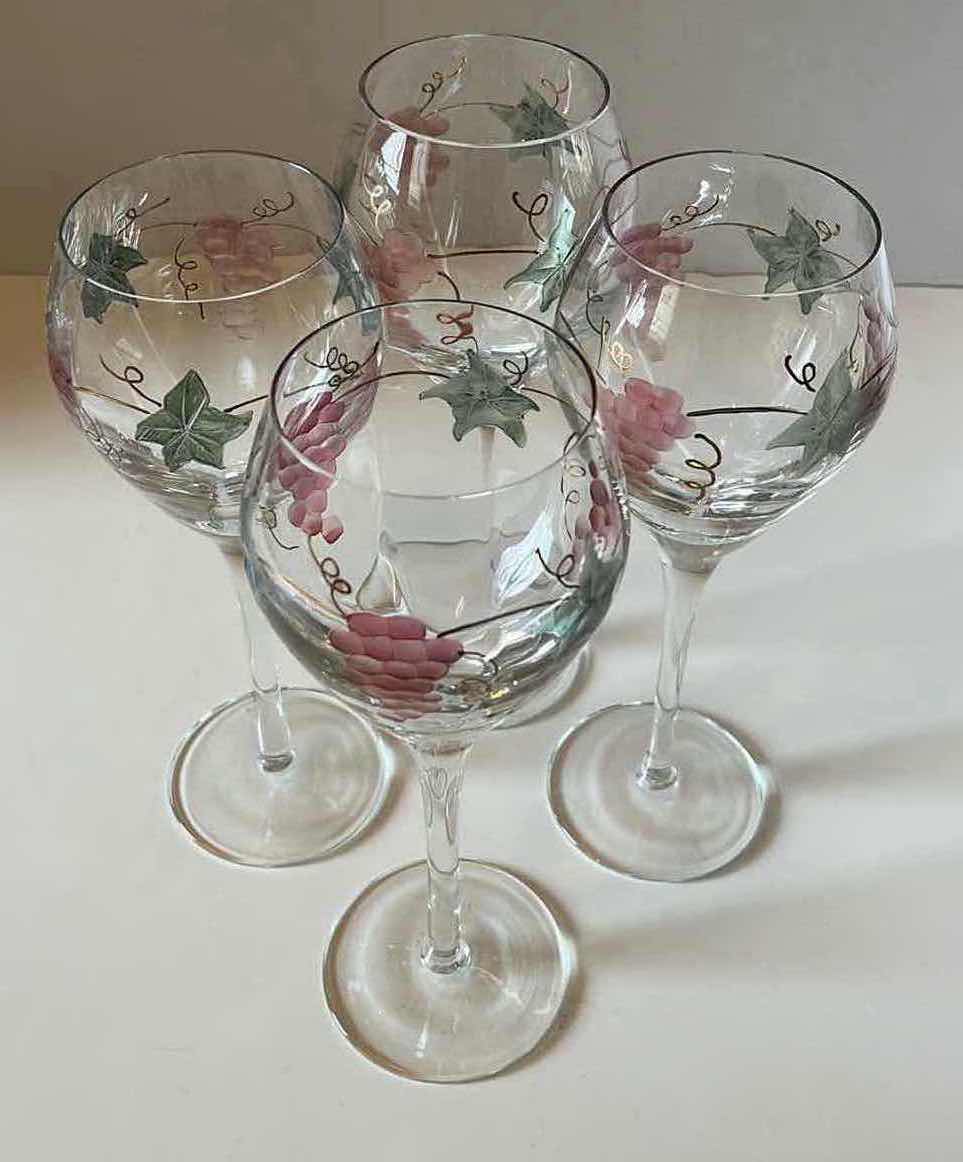 Photo 2 of ROSENBERG ROMANIAN OPTIC ETCHED GRAPE CLUSTERS & LEAVES W GOLD VINES WINE GLASSES (4) H10”