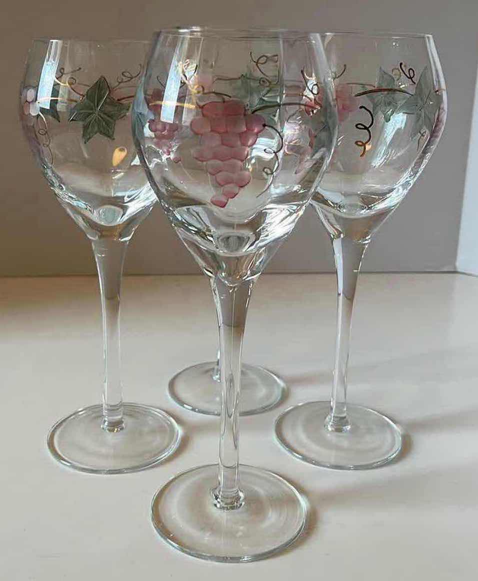 Photo 1 of ROSENBERG ROMANIAN OPTIC ETCHED GRAPE CLUSTERS & LEAVES W GOLD VINES WINE GLASSES (4) H10”