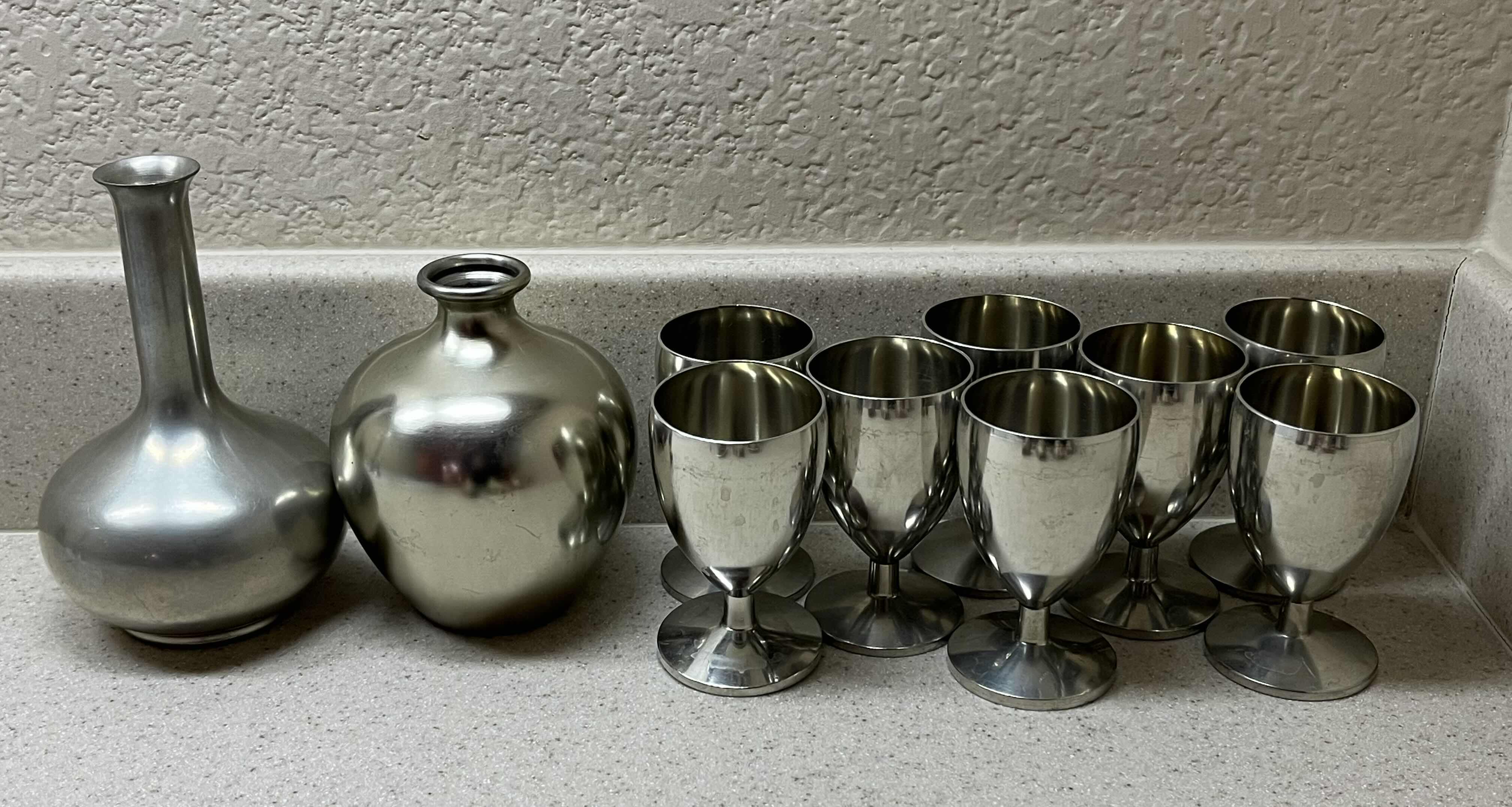 Photo 1 of ROYAL METAWA HOLLAND PEWTER BUD VASES H4” & H5” (2) & GOBLETS H3” (10)