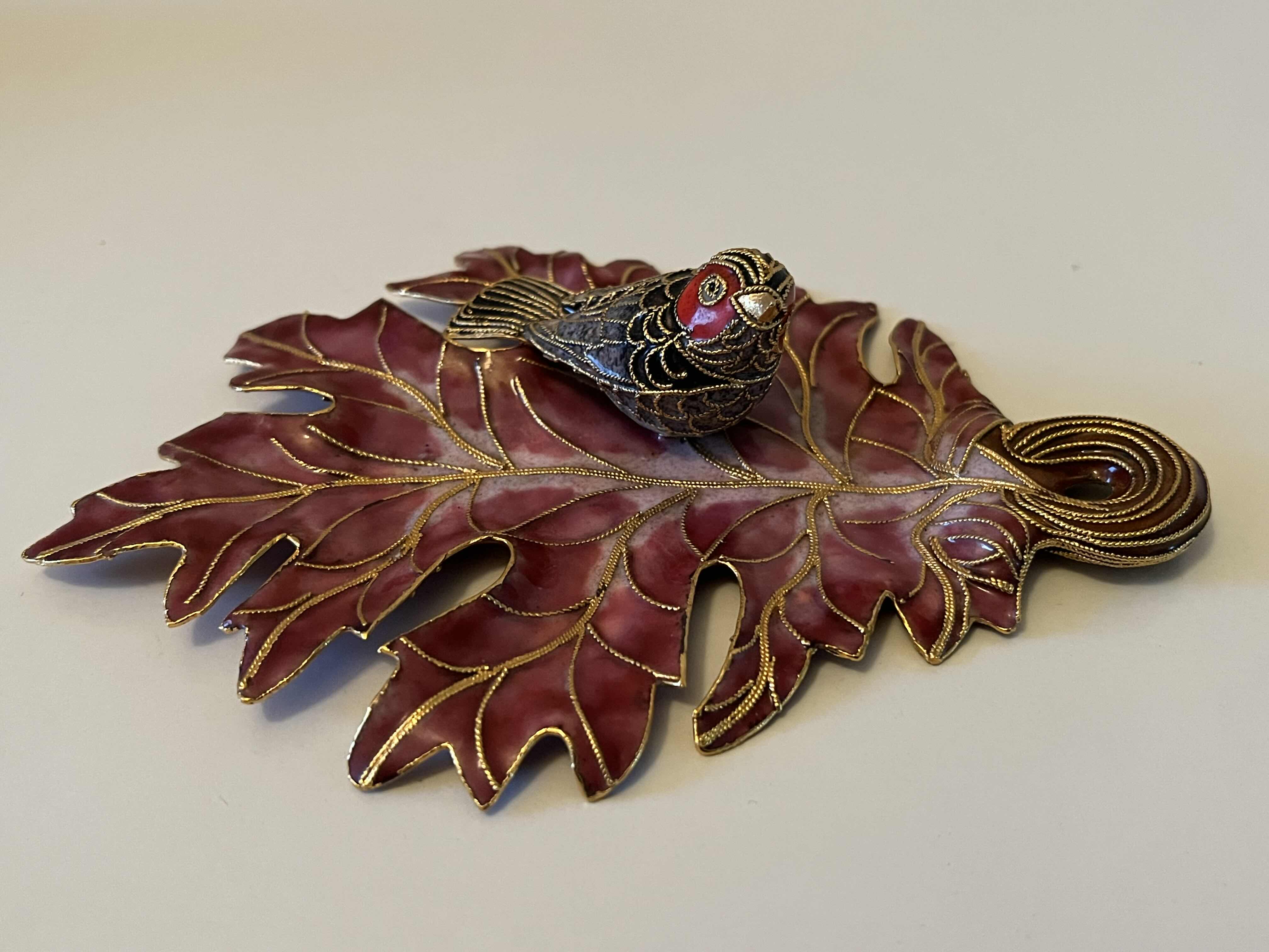 Photo 1 of NYCO CLOISONNÉ ENAMELED METAL BIRD & LEAF ORNAMENT 4.25” X 6” H1.25”