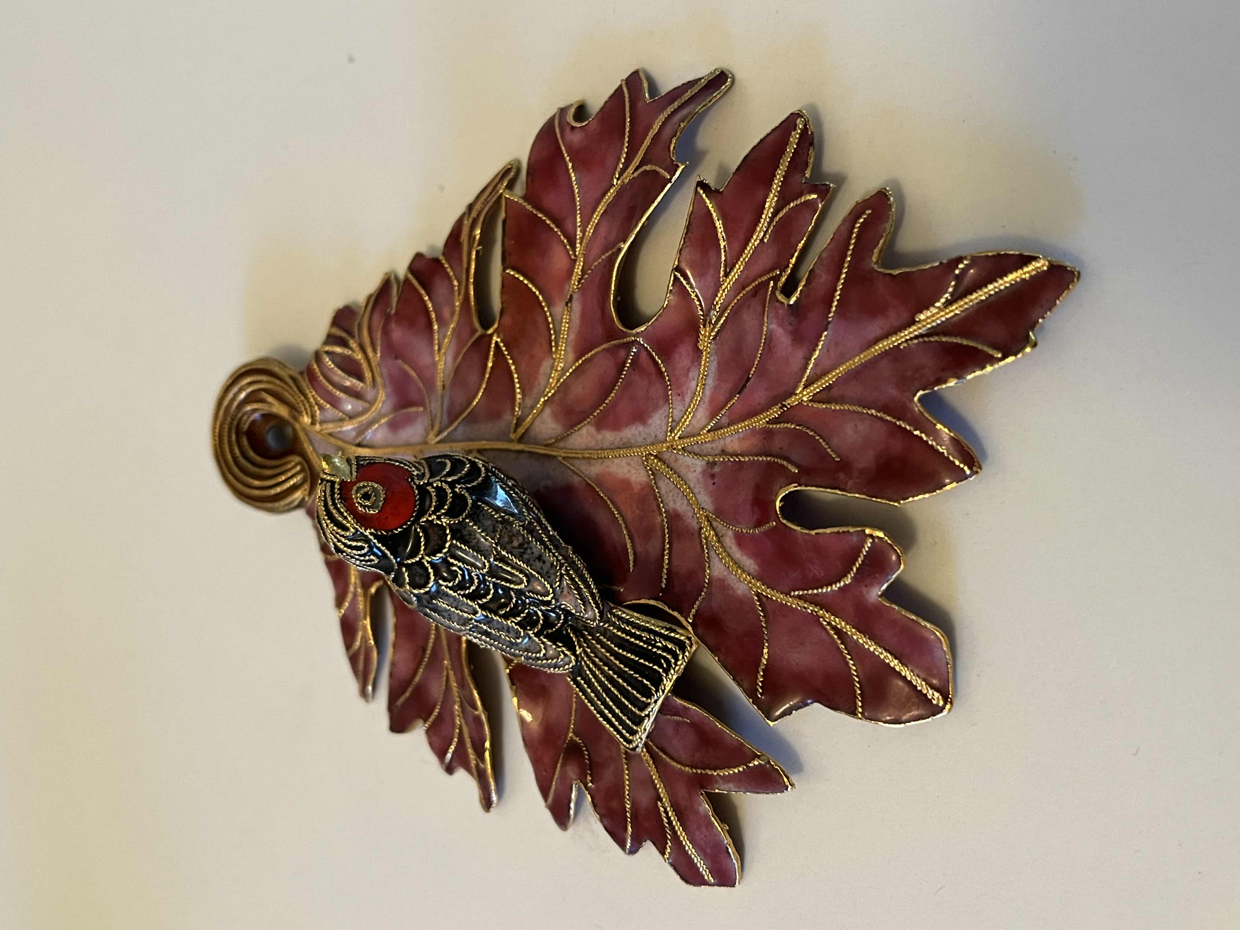 Photo 2 of NYCO CLOISONNÉ ENAMELED METAL BIRD & LEAF ORNAMENT 4.25” X 6” H1.25”