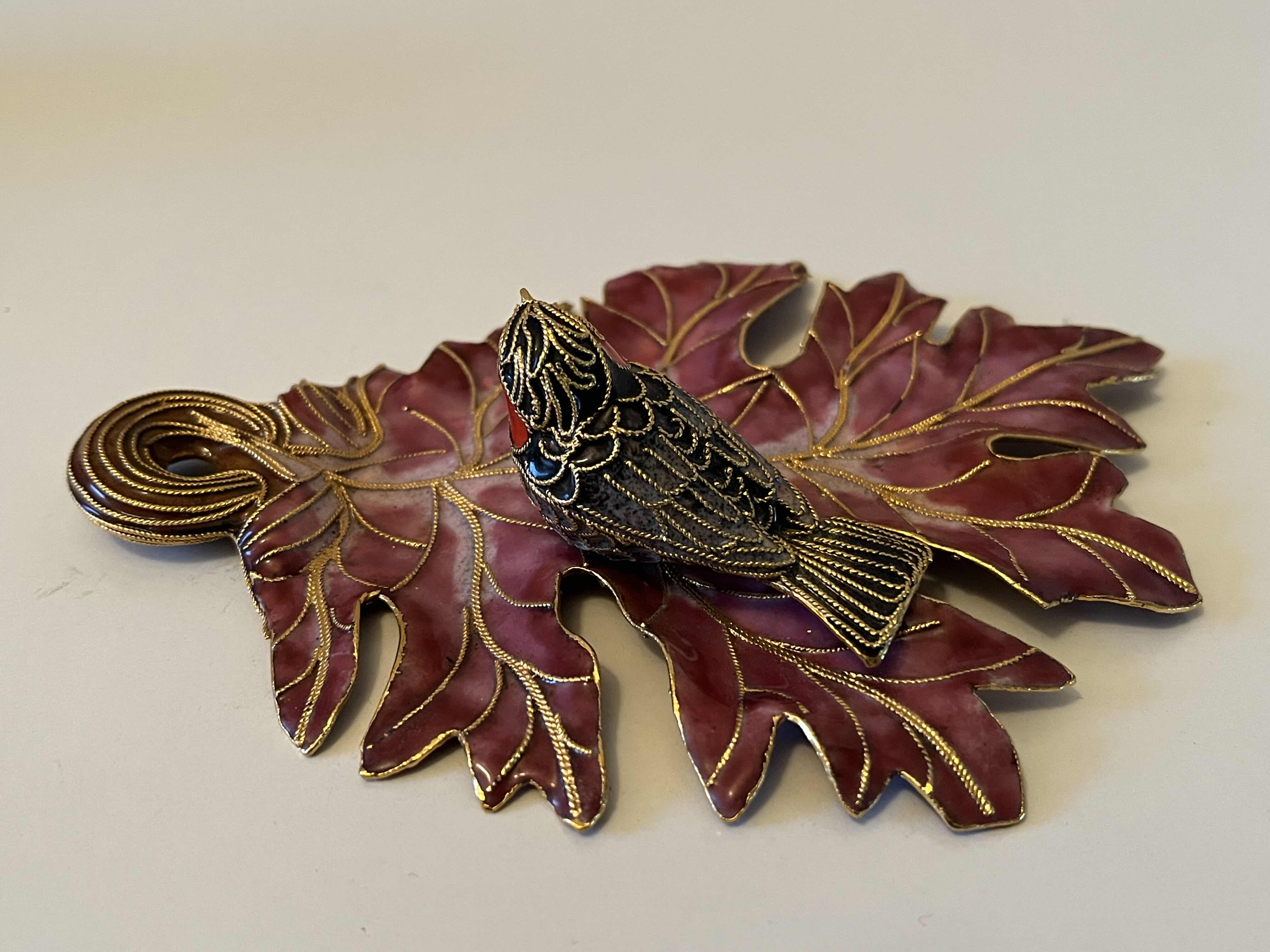 Photo 3 of NYCO CLOISONNÉ ENAMELED METAL BIRD & LEAF ORNAMENT 4.25” X 6” H1.25”