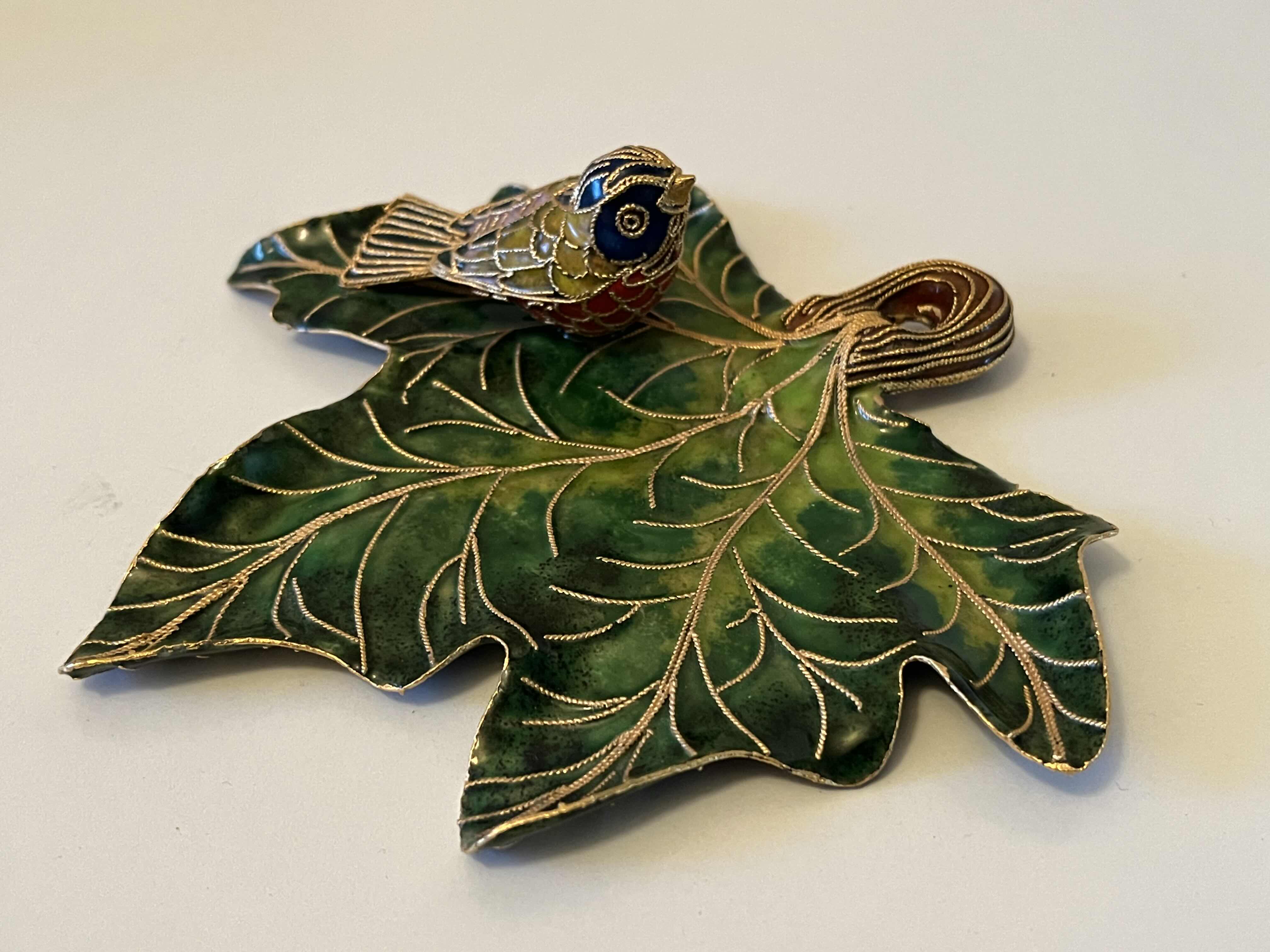 Photo 1 of NYCO CLOISONNÉ ENAMELED METAL BIRD & LEAF ORNAMENT 5” X 5” H1.25”