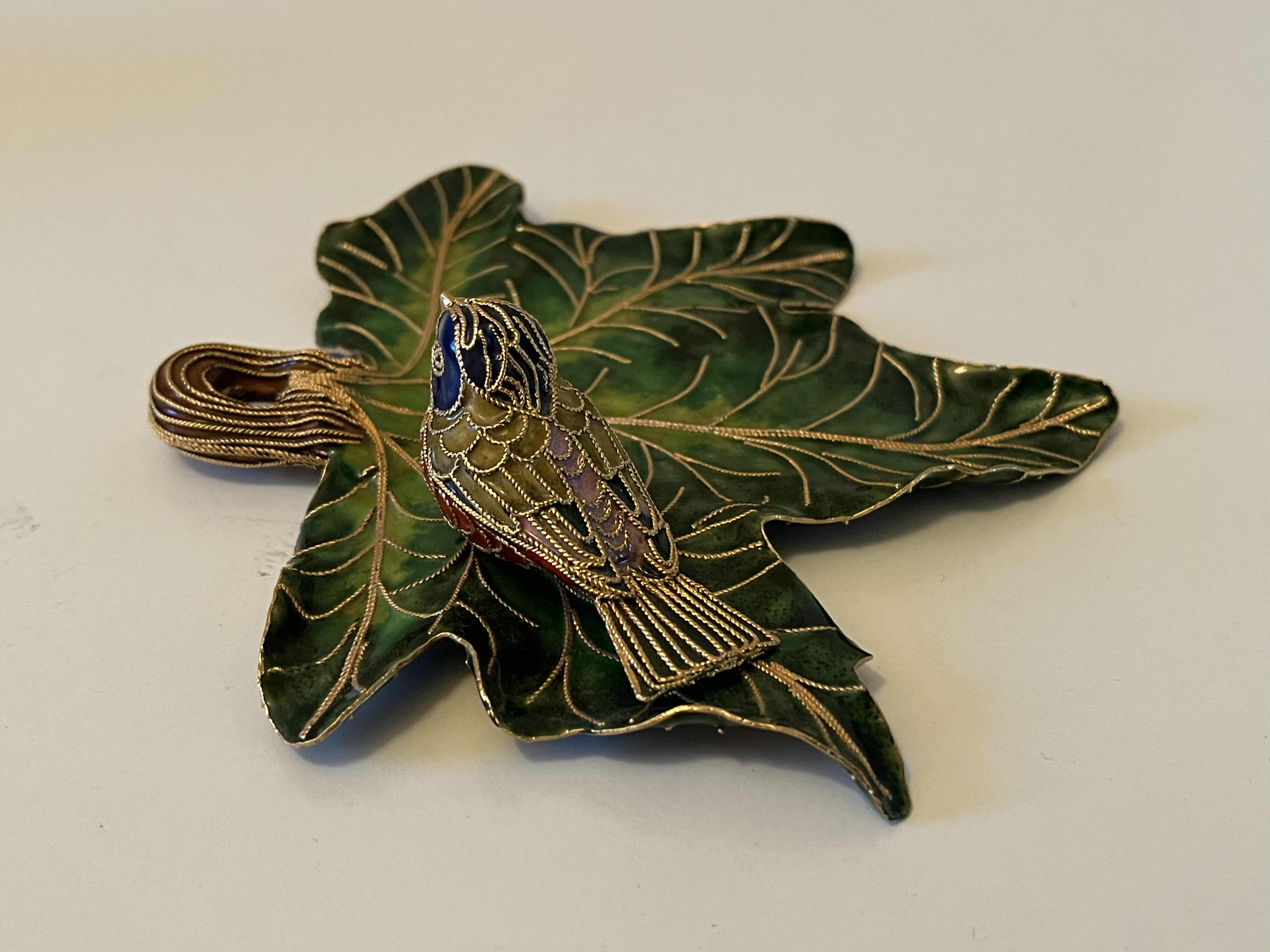 Photo 3 of NYCO CLOISONNÉ ENAMELED METAL BIRD & LEAF ORNAMENT 5” X 5” H1.25”