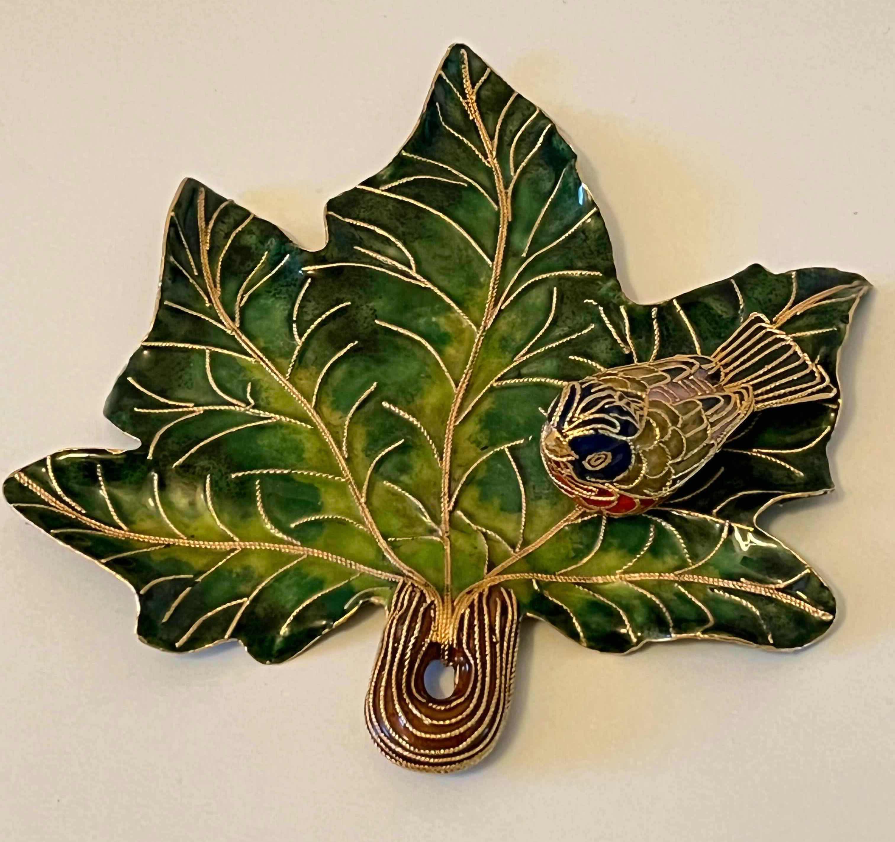 Photo 5 of NYCO CLOISONNÉ ENAMELED METAL BIRD & LEAF ORNAMENT 5” X 5” H1.25”