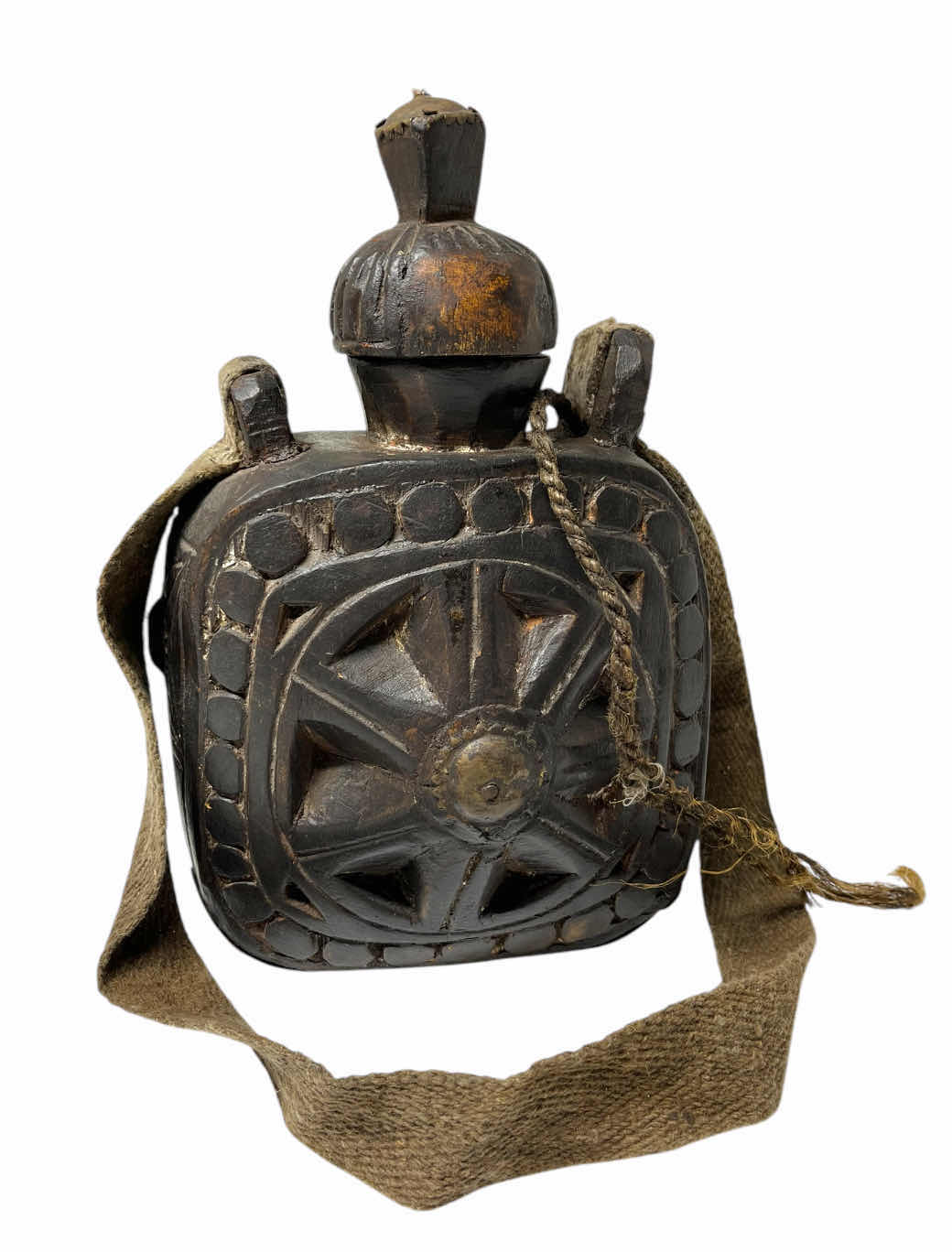 Photo 1 of NATIVE AMERICAN HAND CARVED WOOD CANTEEN 7” X 3” H11”