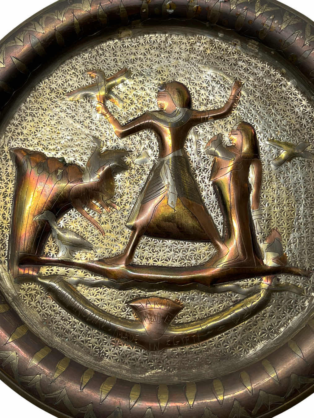 Photo 1 of EGYPTIAN HAND MAND DIE-CAST BRONZE PLATE SIGNED HUMMINGBIRDS 8.5”