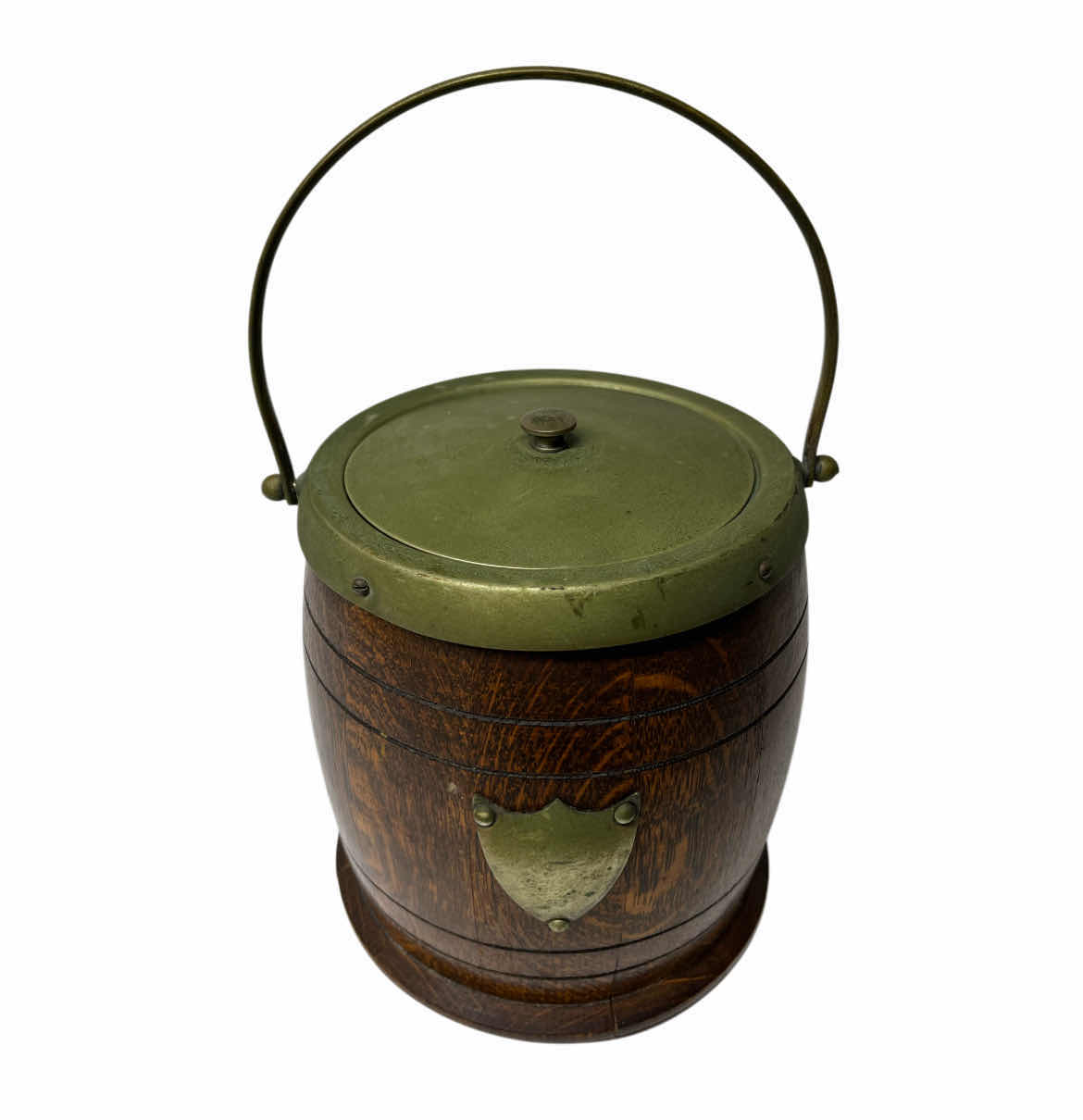 Photo 1 of JBC & SONS ANTIQUE ENGLISH OAK WOOD & SILVER PLATED, PORCELAIN LINED ICE BUCKET 6” X 6”