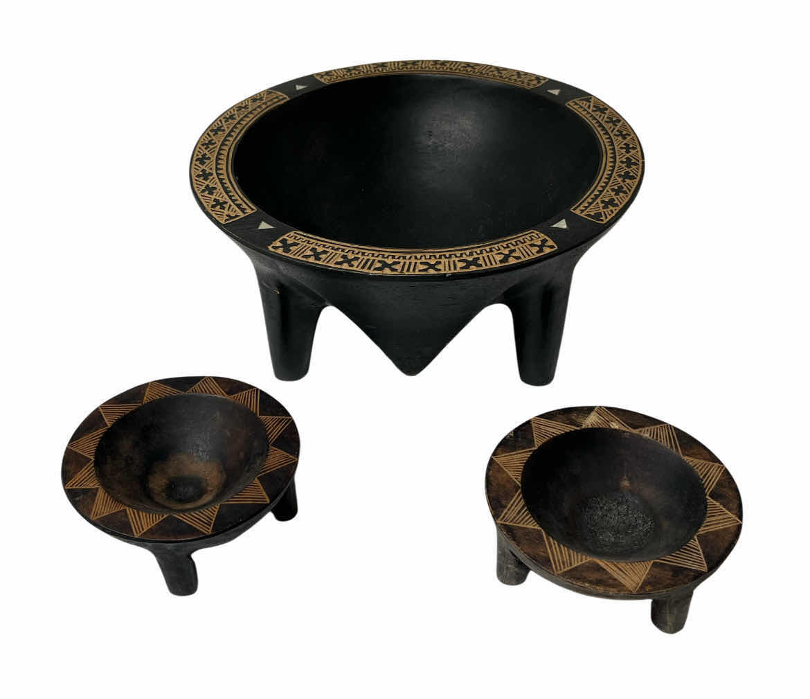 Photo 1 of FIJIAN KAVA SOLID WOOD BOWLS (3) 9” X 4”/4” X 1.75”
