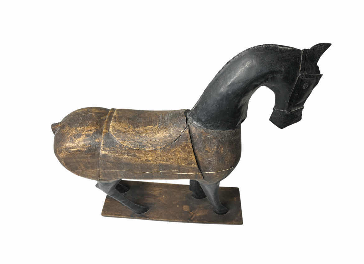 Photo 1 of MID-CENTURY WOOD & METAL STANDING HORSE SCULPTED STATUE 20” X 5” H24”
