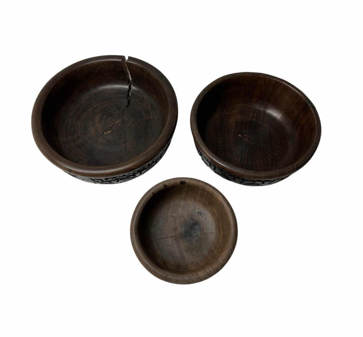 Photo 1 of AFRICAN SAFARI HAND CARVED EBONY WOOD BOWLS (3) 7” X 2.5”/6” X 2.5”/4.25” X 2”
